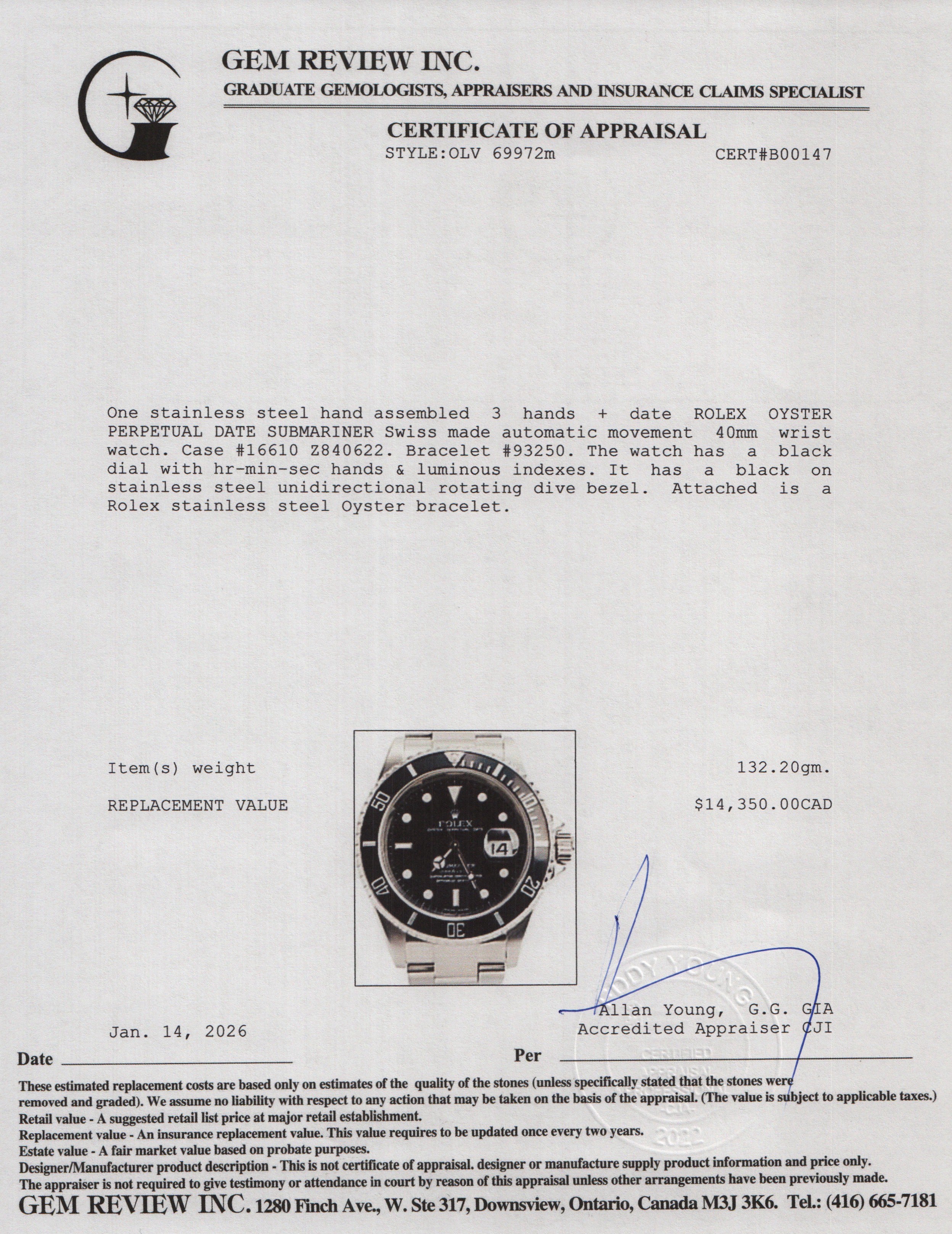 Rolex Stainless Steel Submariner Date 40 MM Watch Black Dial 16610 w/ Box & Papers