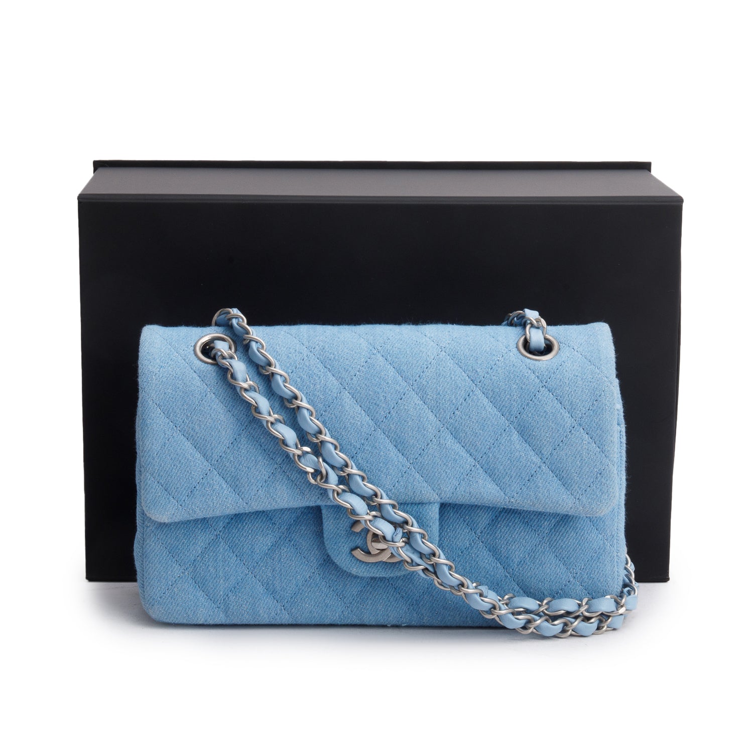 Chanel Blue Denim Quilted Small Double Flap Bag w/ Box
