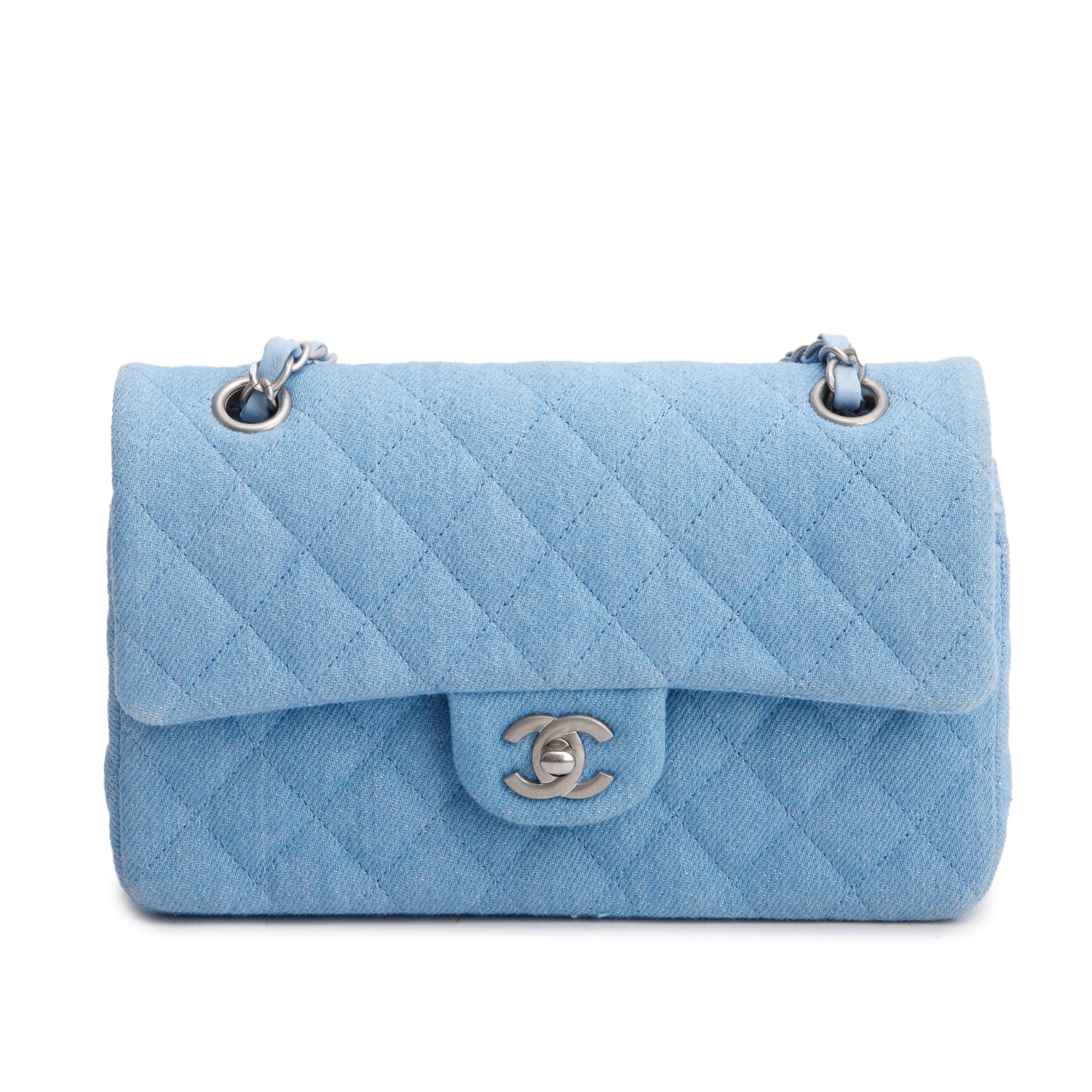 Chanel Blue Denim Quilted Small Double Flap Bag w/ Box