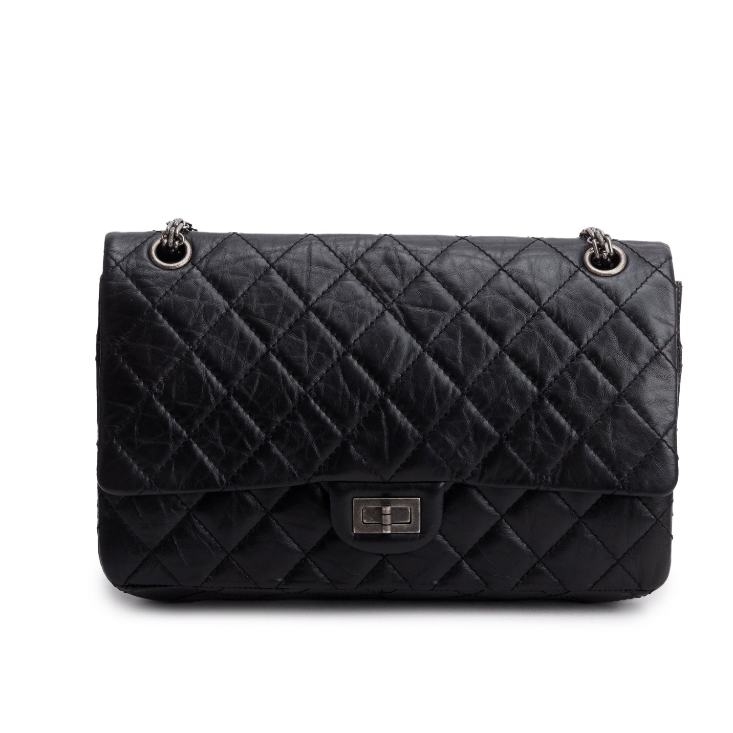 Chanel Black Aged Calfskin Leather 2.55 Reissue 226 Double Flap Bag w/ Authenticity Card
