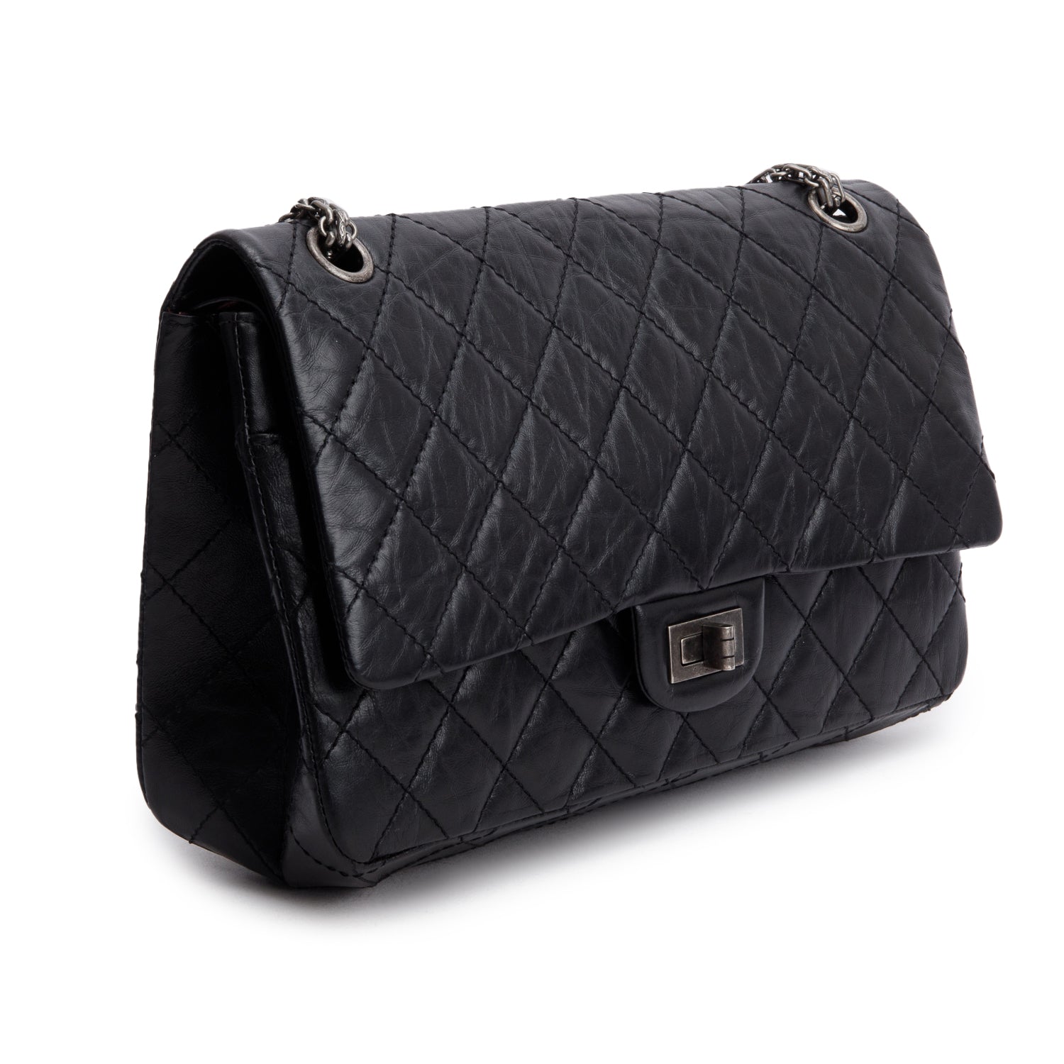 Chanel Black Aged Calfskin Leather 2.55 Reissue 226 Double Flap Bag w/ Authenticity Card