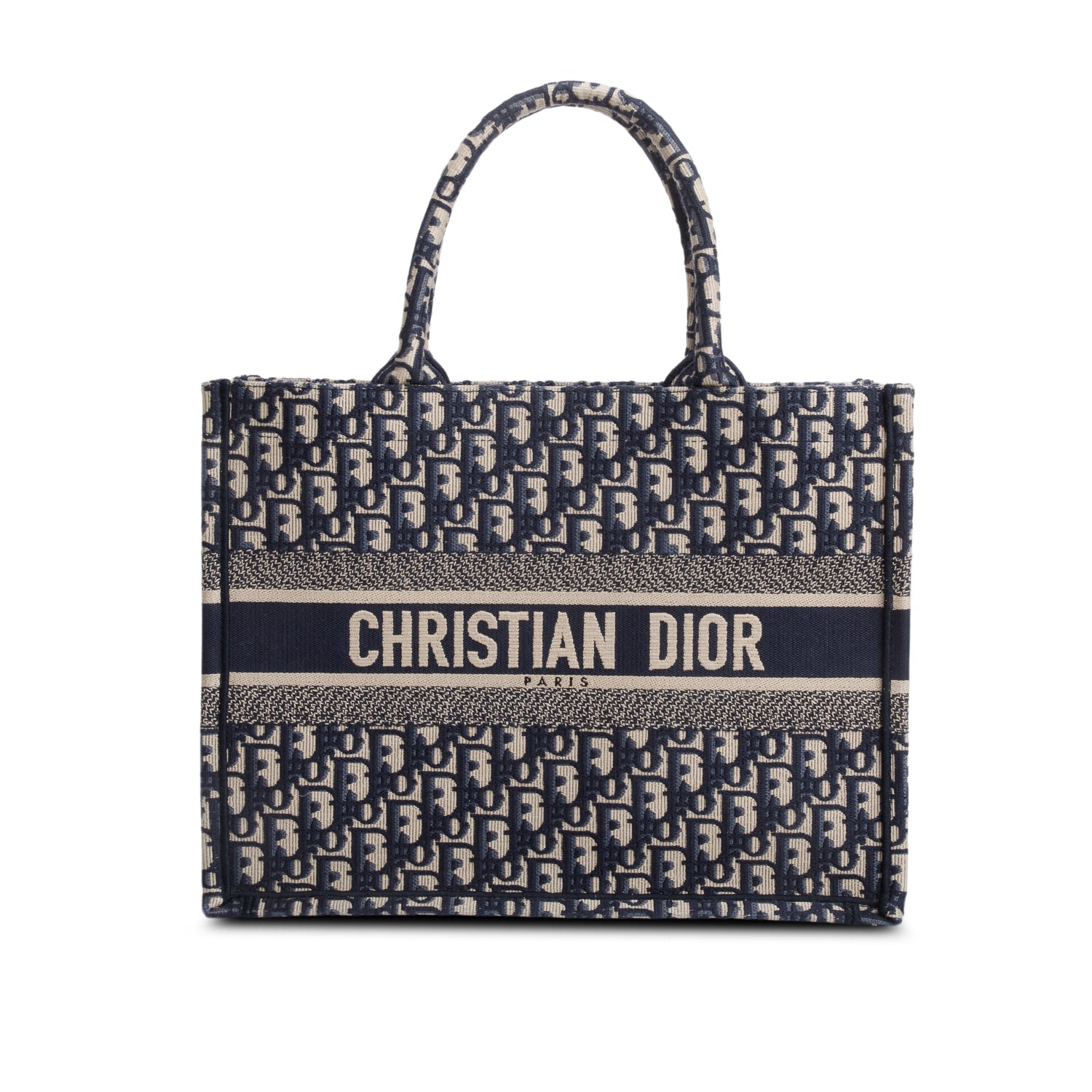 Christian Dior 2021 Ecru and Blue Oblique Embroidery Medium Book Tote