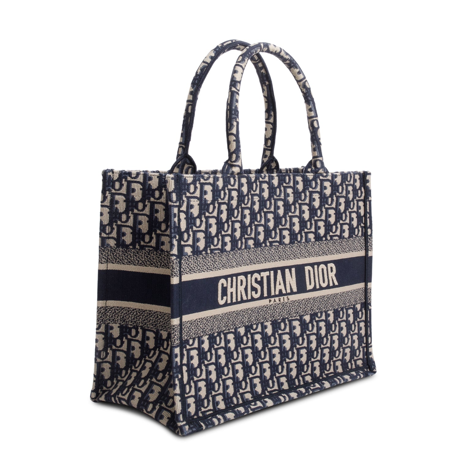 Christian Dior 2021 Ecru and Blue Oblique Embroidery Medium Book Tote