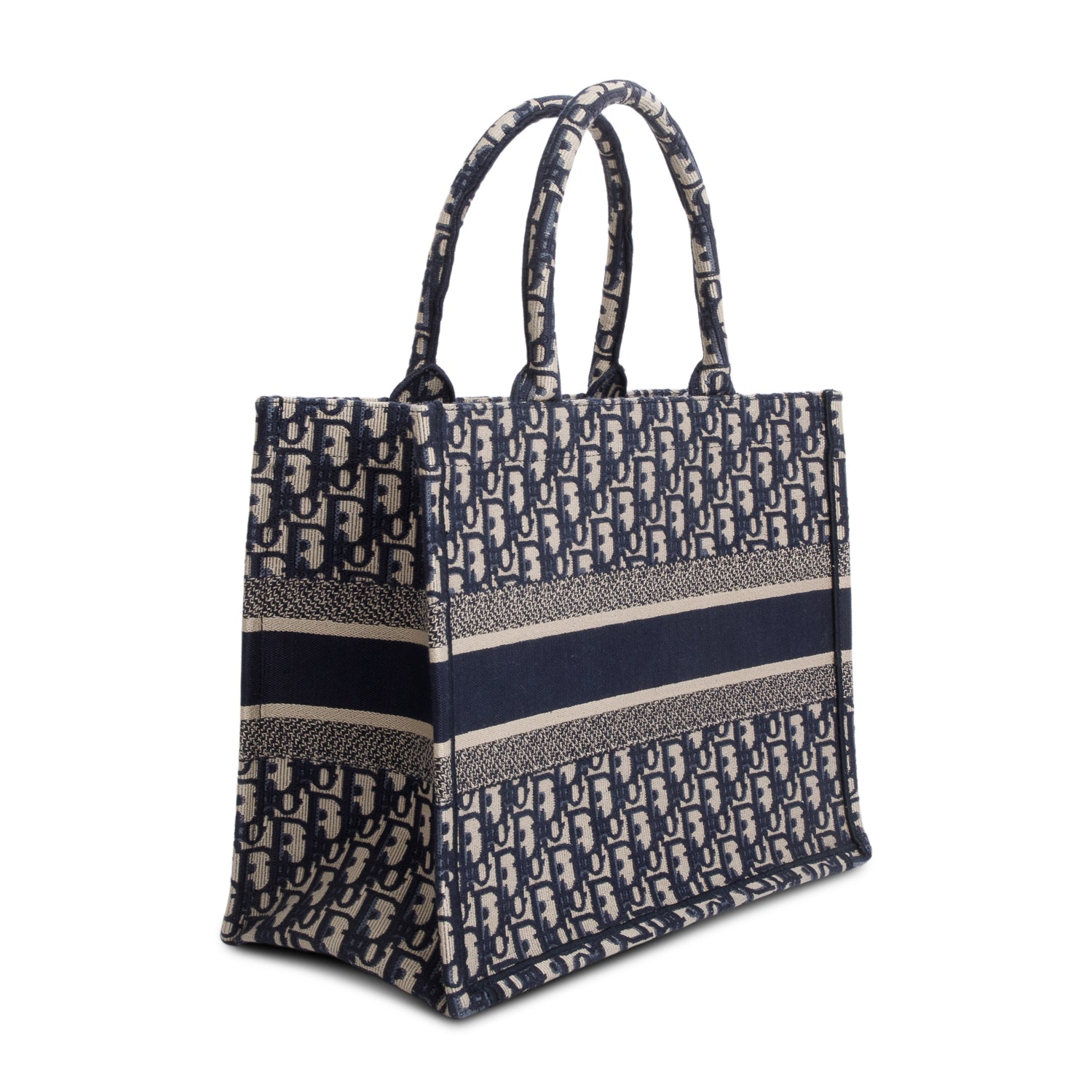 Christian Dior 2021 Ecru and Blue Oblique Embroidery Medium Book Tote