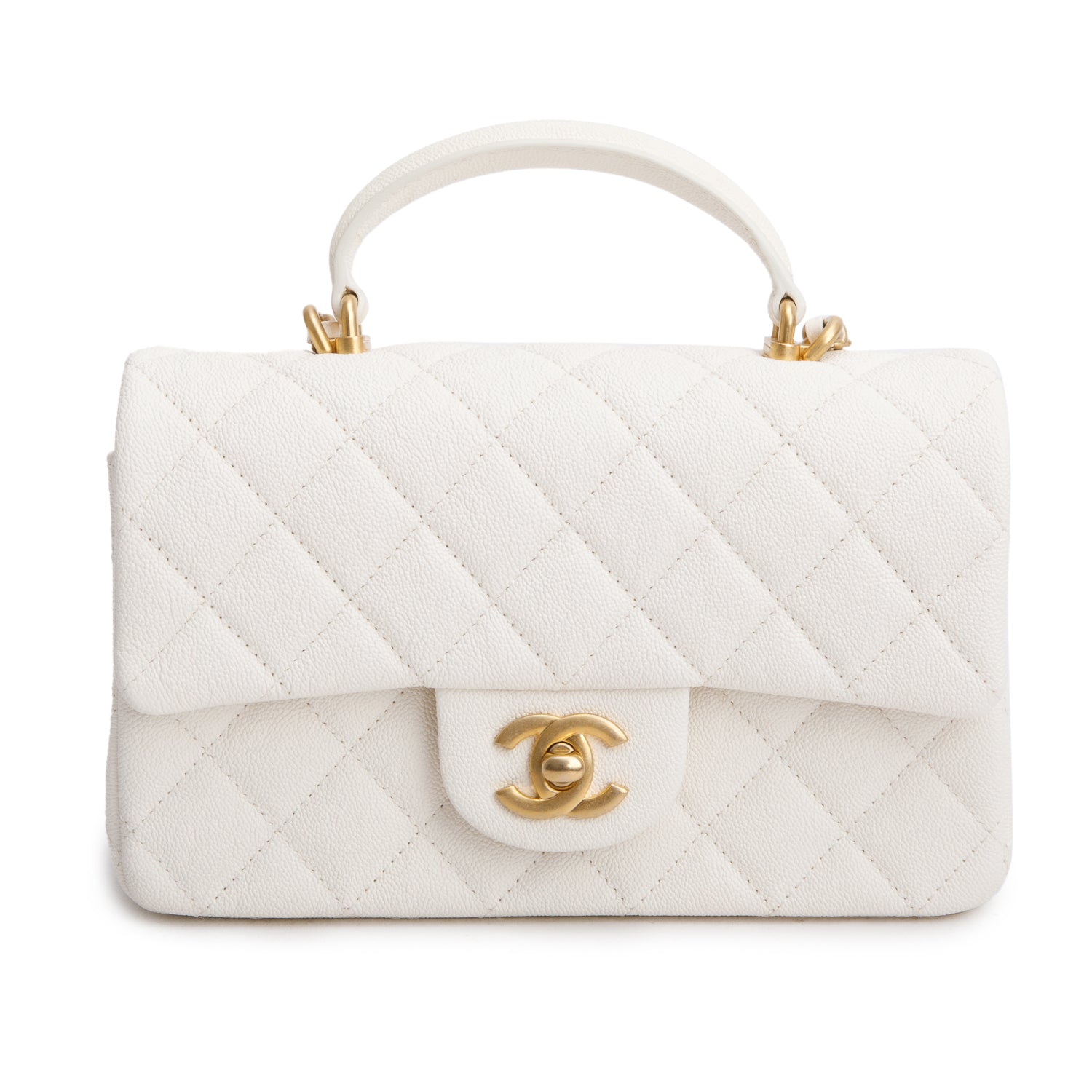 Chanel 2021 White Caviar Quilted Mini Top Handle Rectangular Bag w/ Authenticity Card