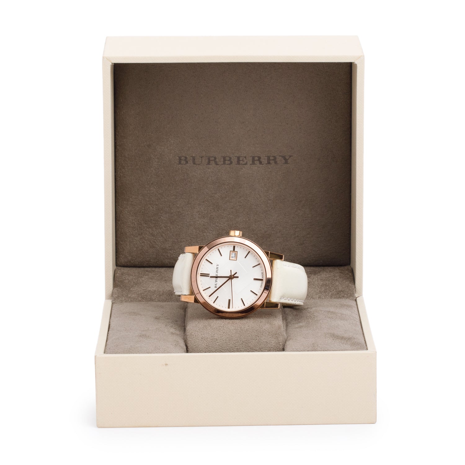 Burberry Rose Gold Plated Stainless Steel BU9108 34 MM The City Quartz Watch Check Silver Dial w/ Box