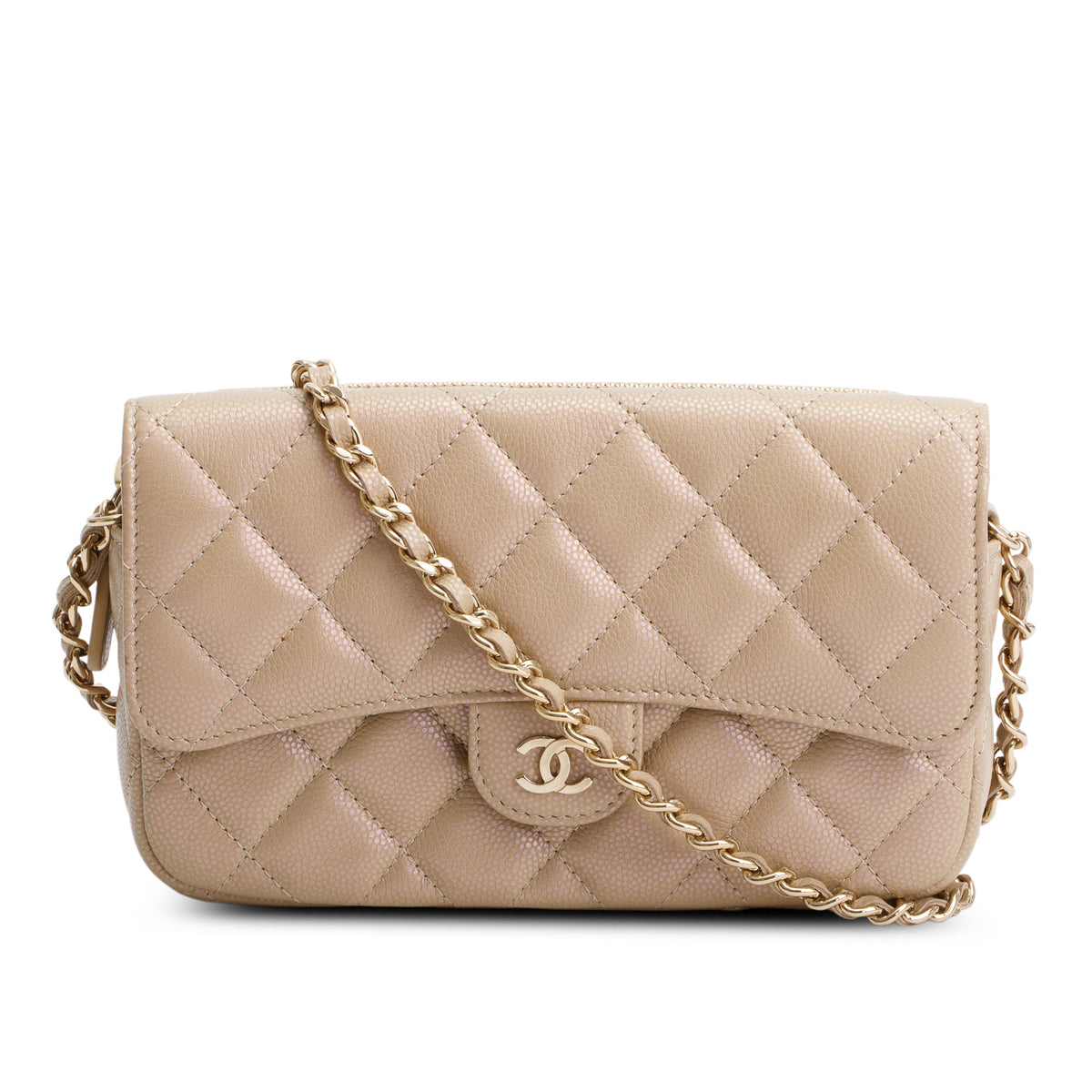 Chanel 2021 Beige Iridescent Caviar Quilted Phone Holder Wallet on Chain