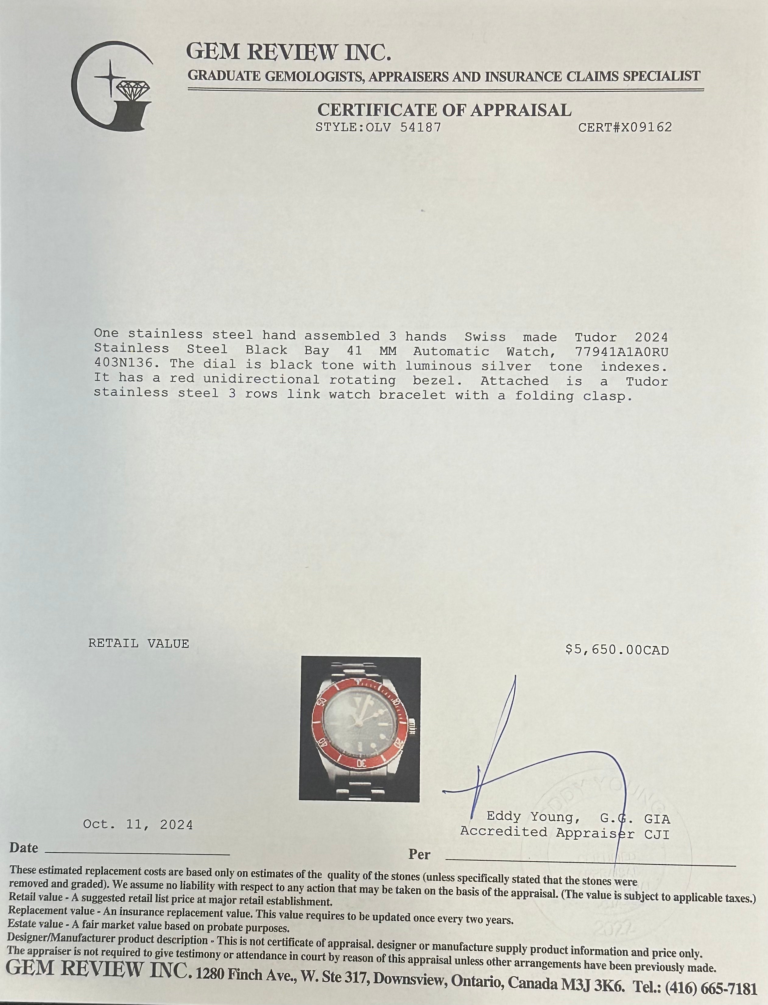 Tudor 2024 Stainless Steel Black Bay 41 MM Automatic Watch 7941A1A0RU w/ Box & Papers