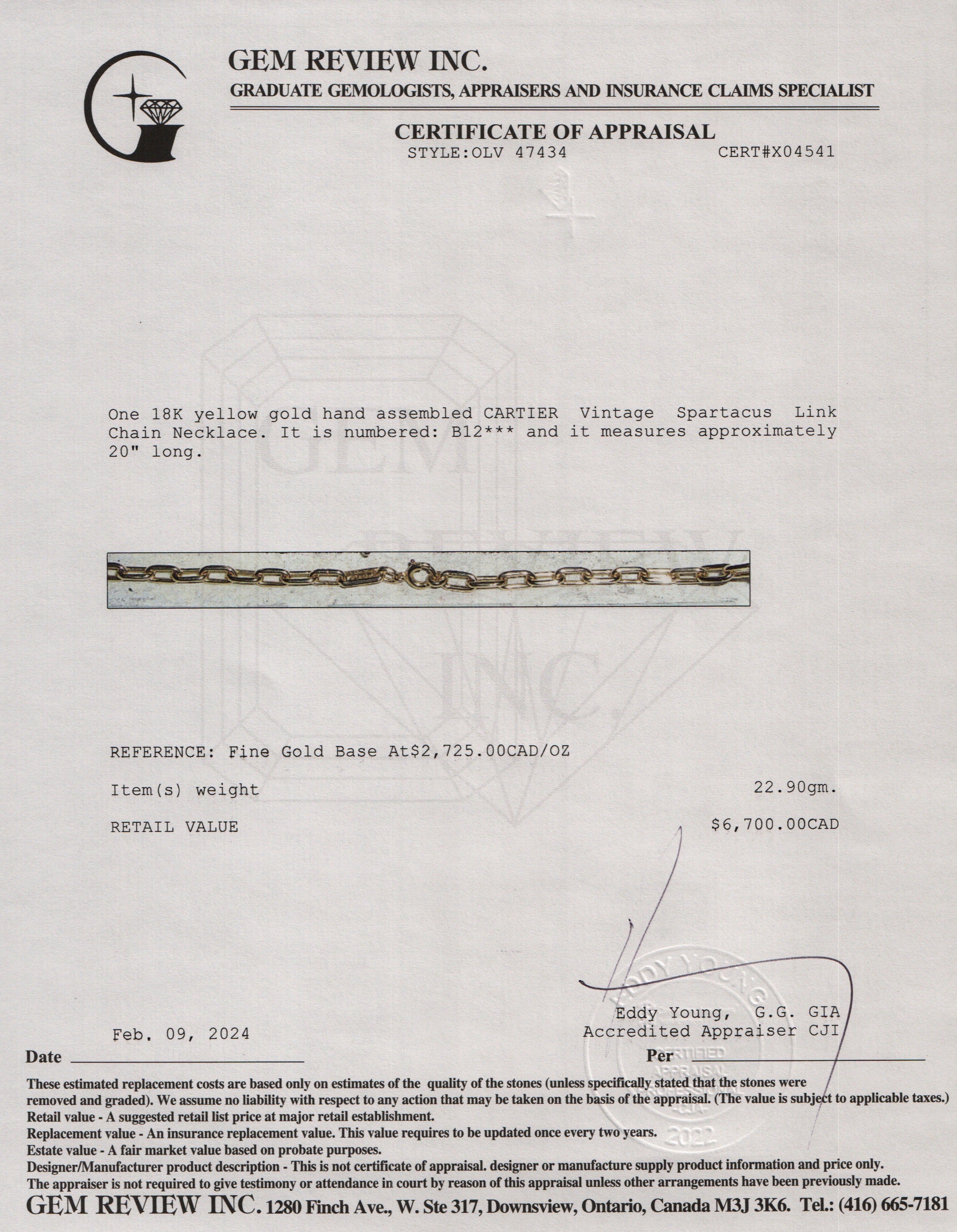 Cartier Vintage 18k Yellow Gold Spartacus Link Chain Necklace w/ Certificate