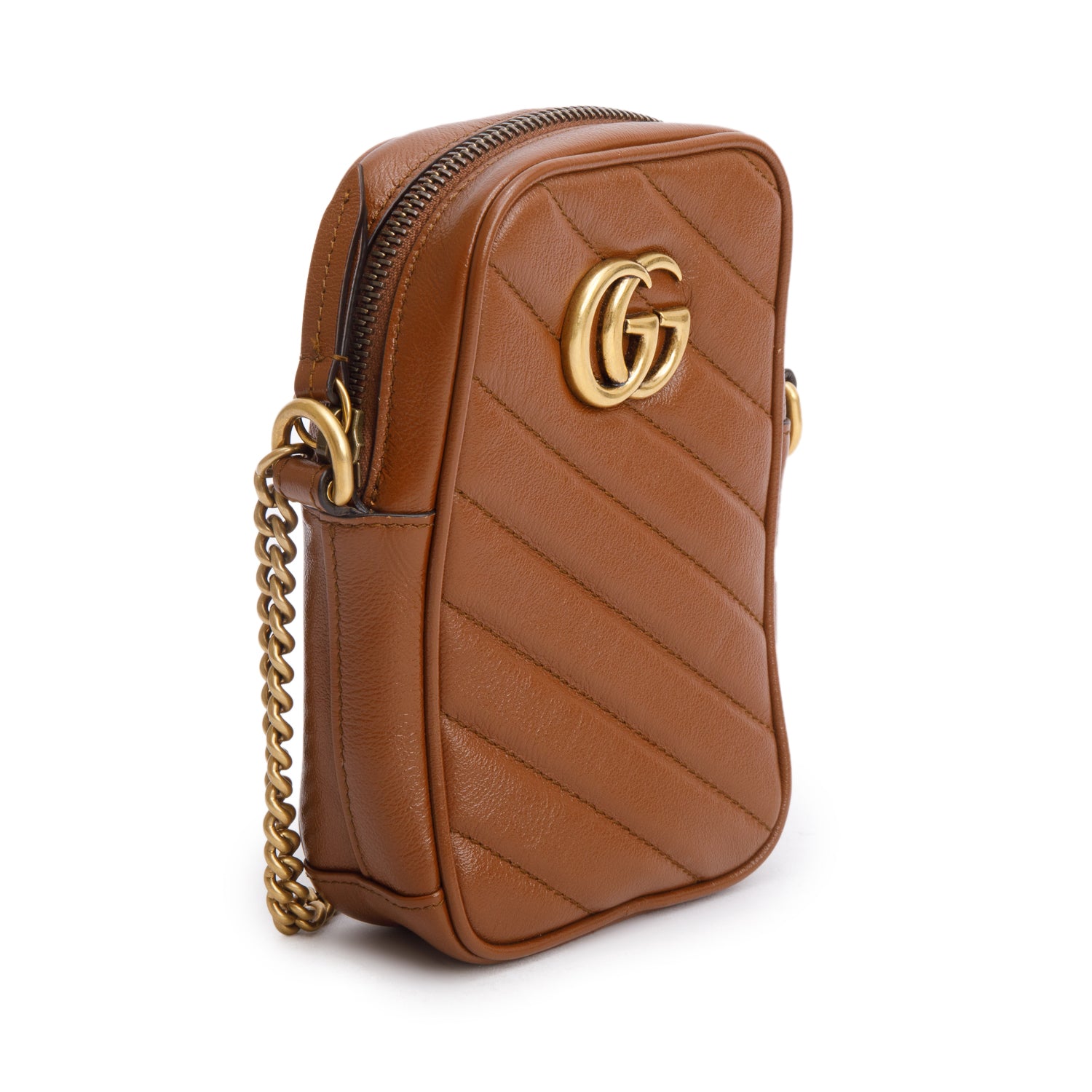 Gucci Brown Calfskin Matelasse Mini GG Marmont Chain Shoulder Bag