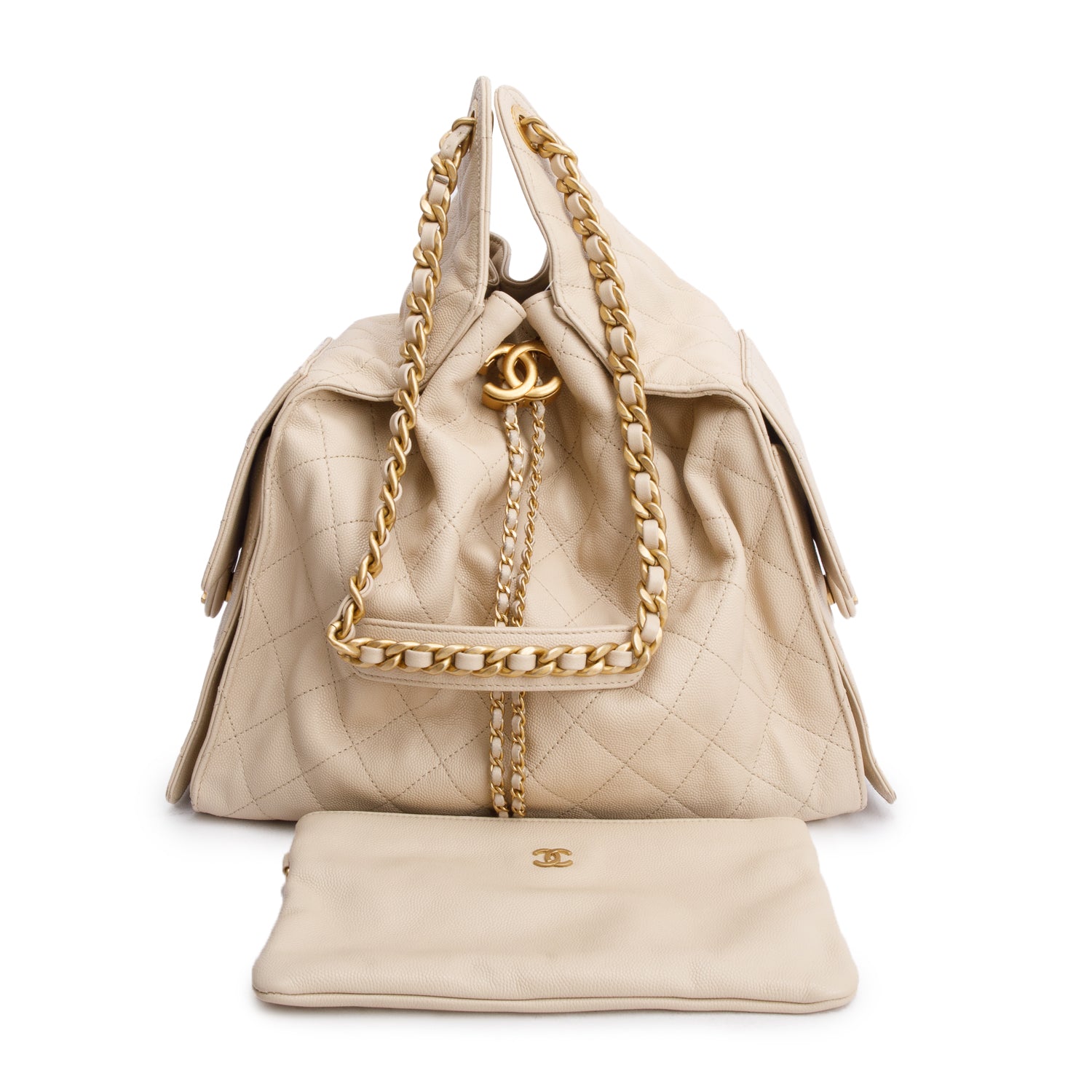 Chanel Beige Caviar Leather 25 Small Bucket Bag w/ Pouch