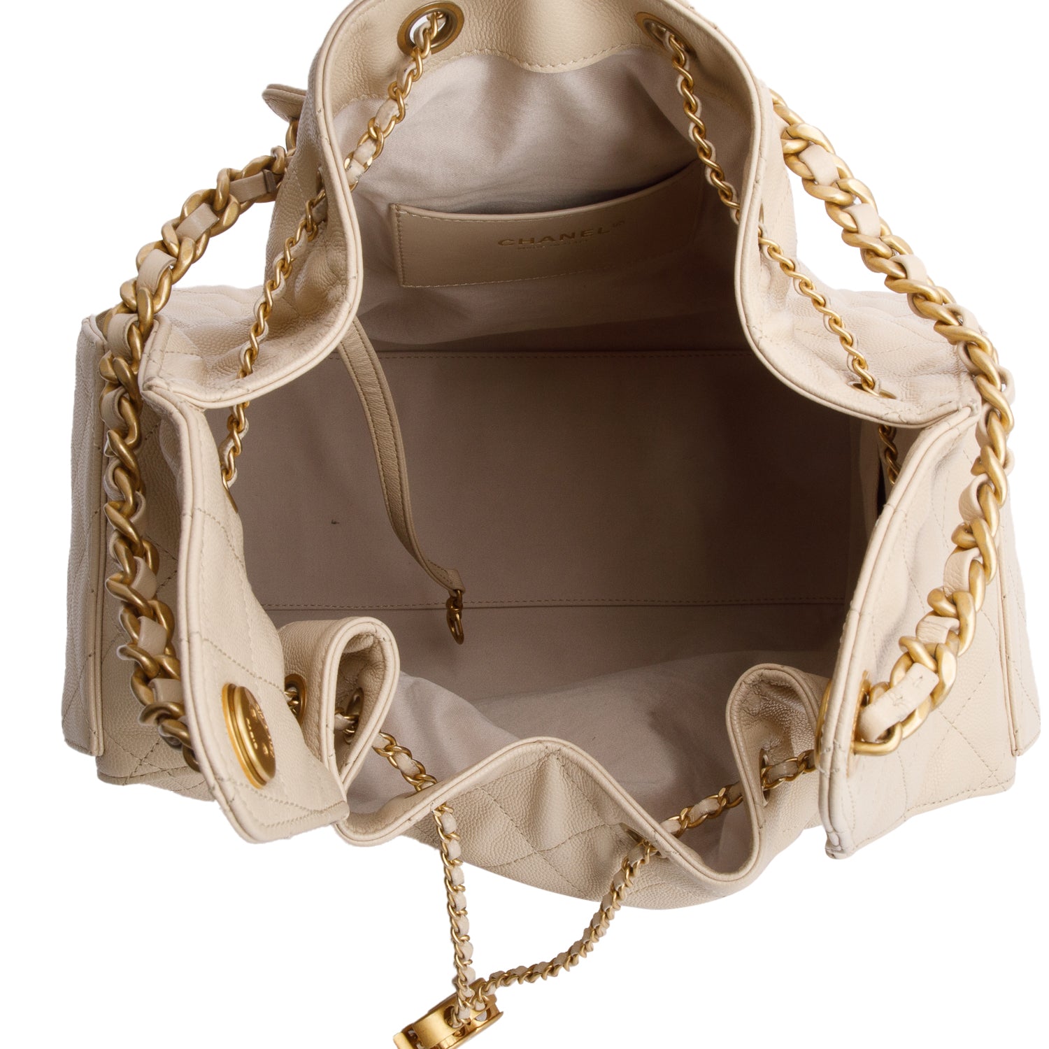 Chanel Beige Caviar Leather 25 Small Bucket Bag w/ Pouch