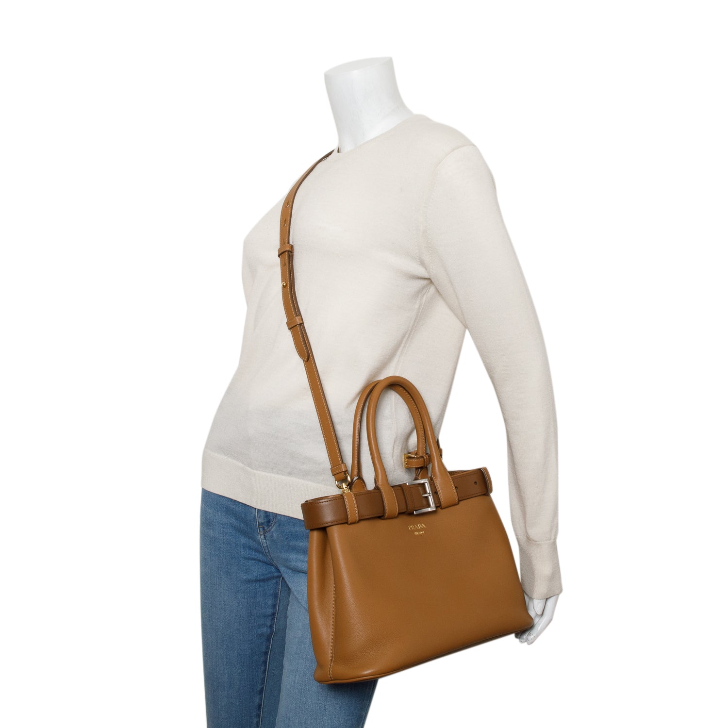 Prada Brown Nappa Leather Small Buckle Handbag w/ Belt & Strap