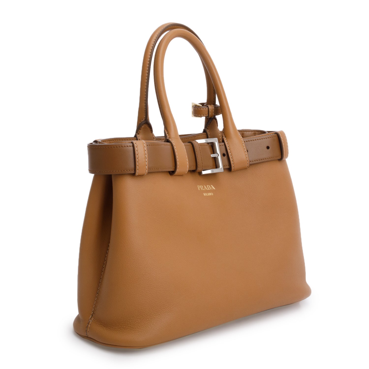 Prada Brown Nappa Leather Small Buckle Handbag w/ Belt & Strap