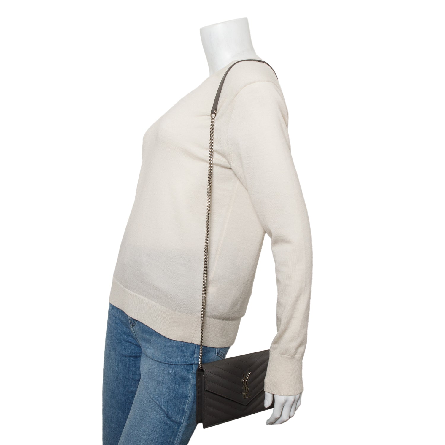 Saint Laurent Grey Cassandre Matelasse Envelope Chain Wallet