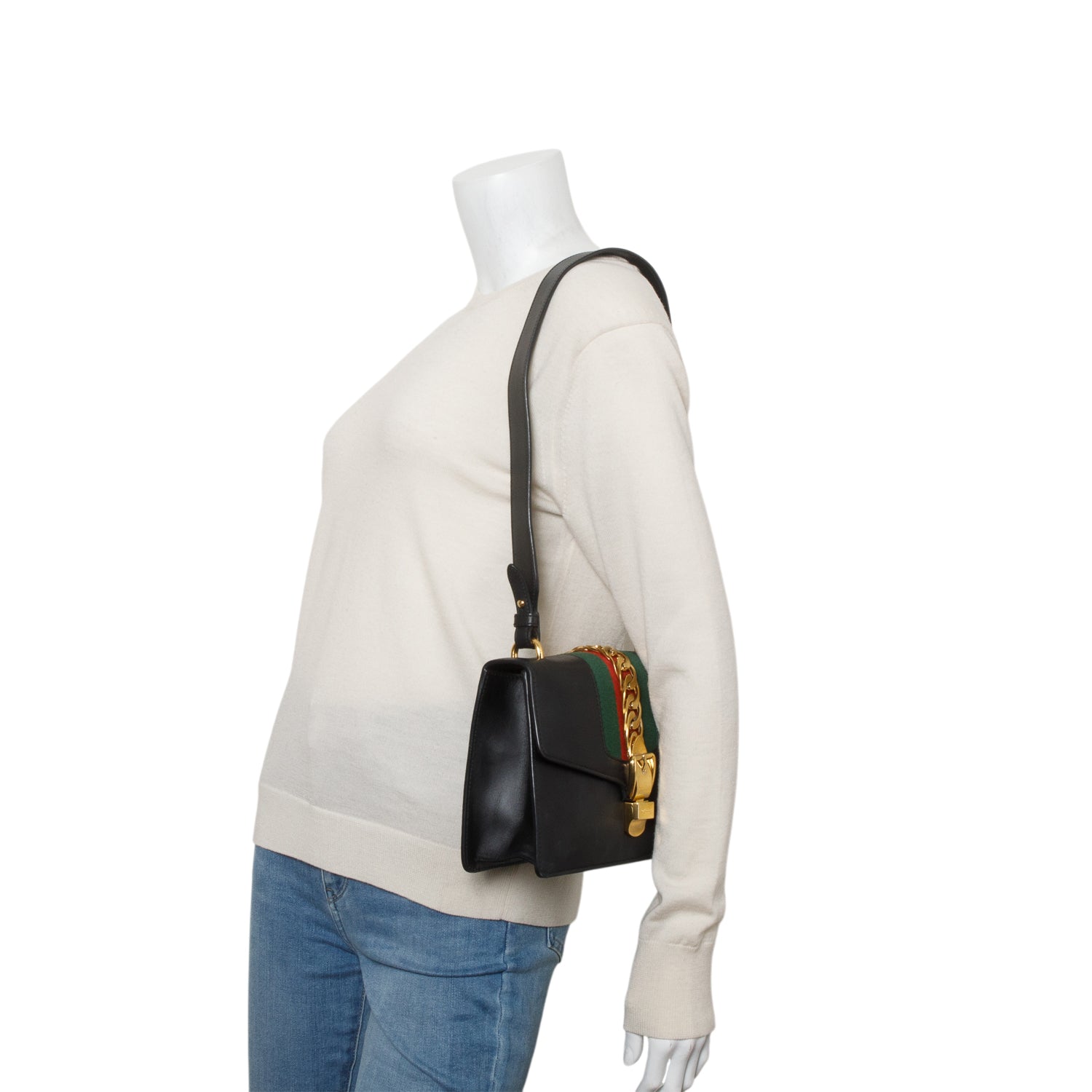 Gucci Black Calfskin Leather Web Small Sylvie Shoulder Bag