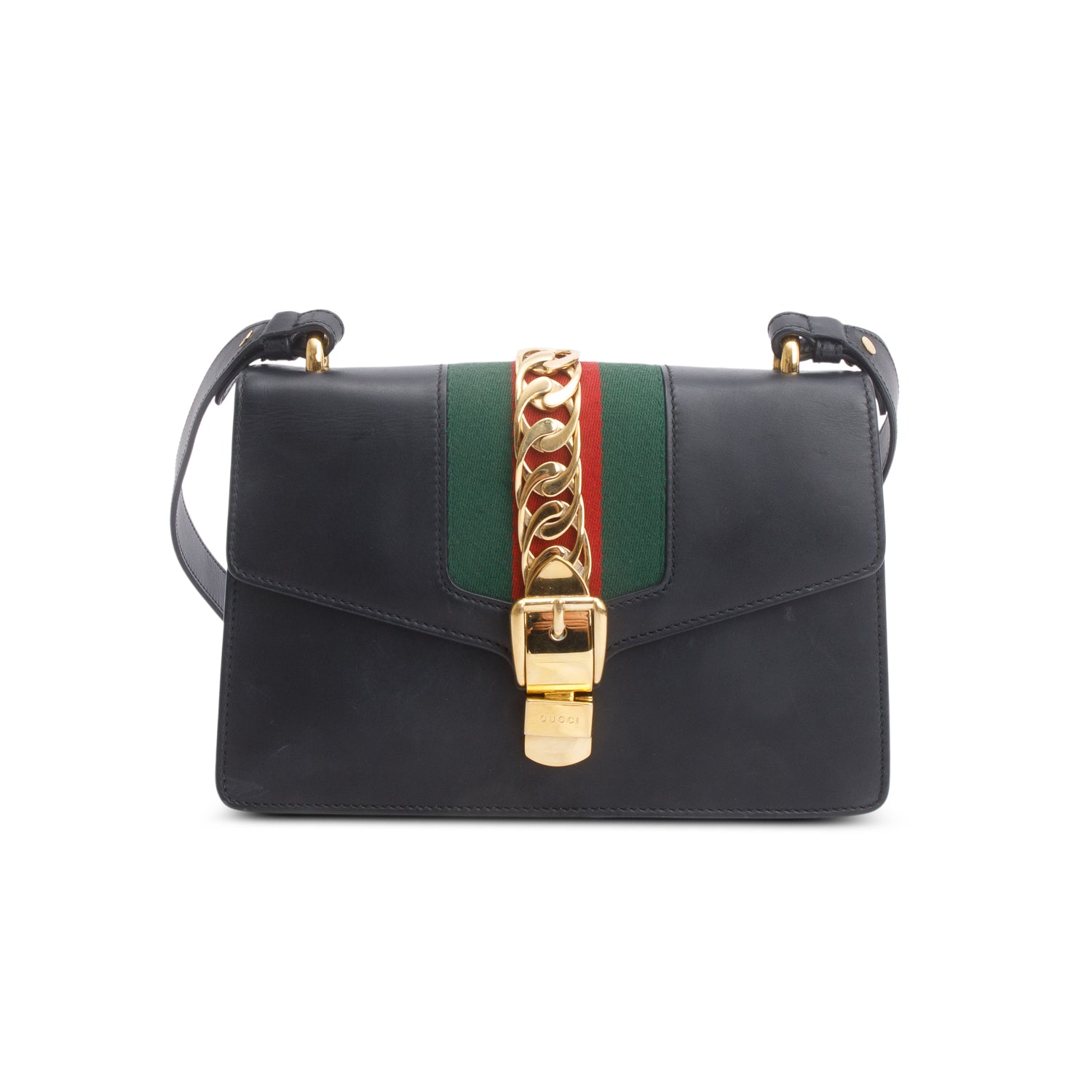 Gucci Black Calfskin Leather Web Small Sylvie Shoulder Bag