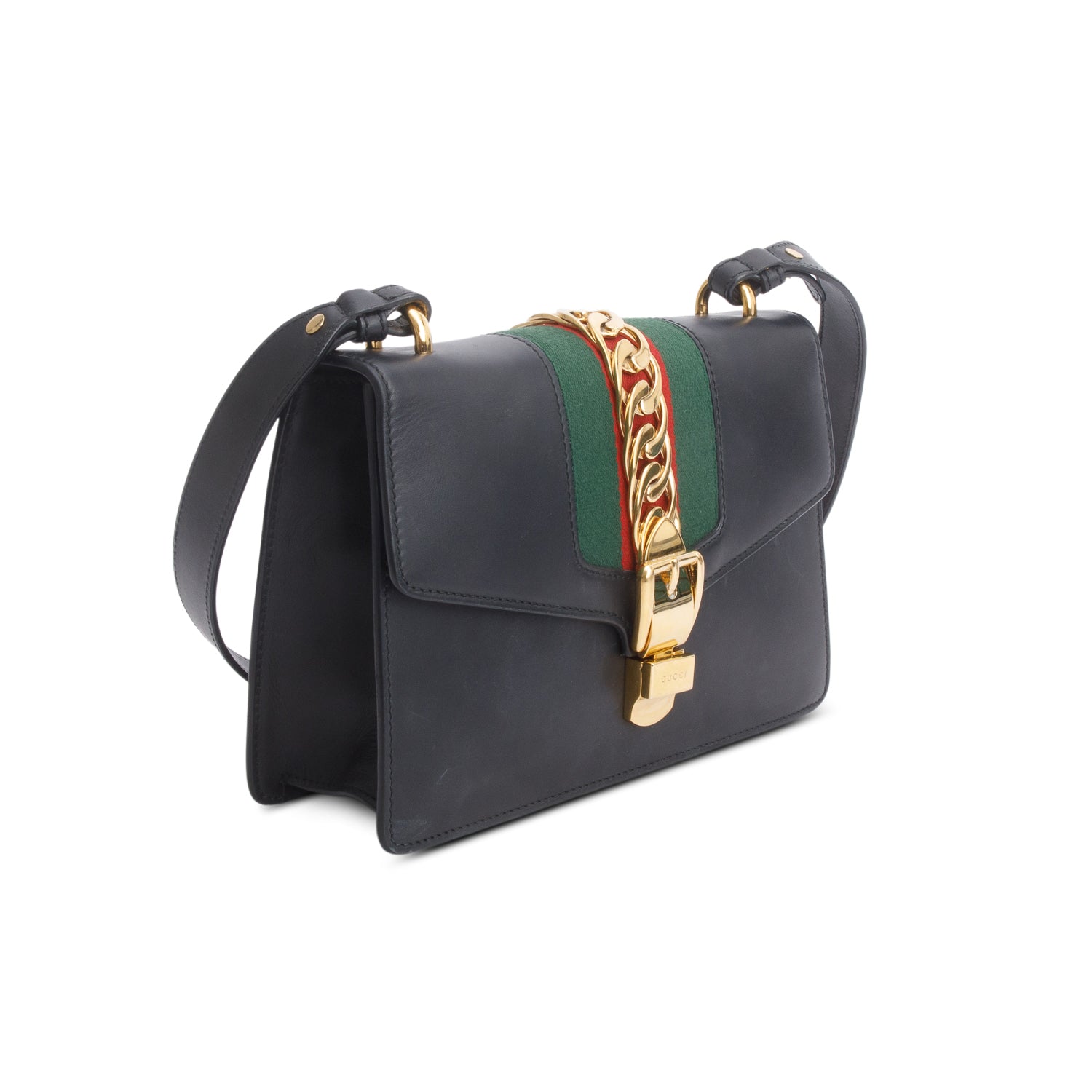 Gucci Black Calfskin Leather Web Small Sylvie Shoulder Bag