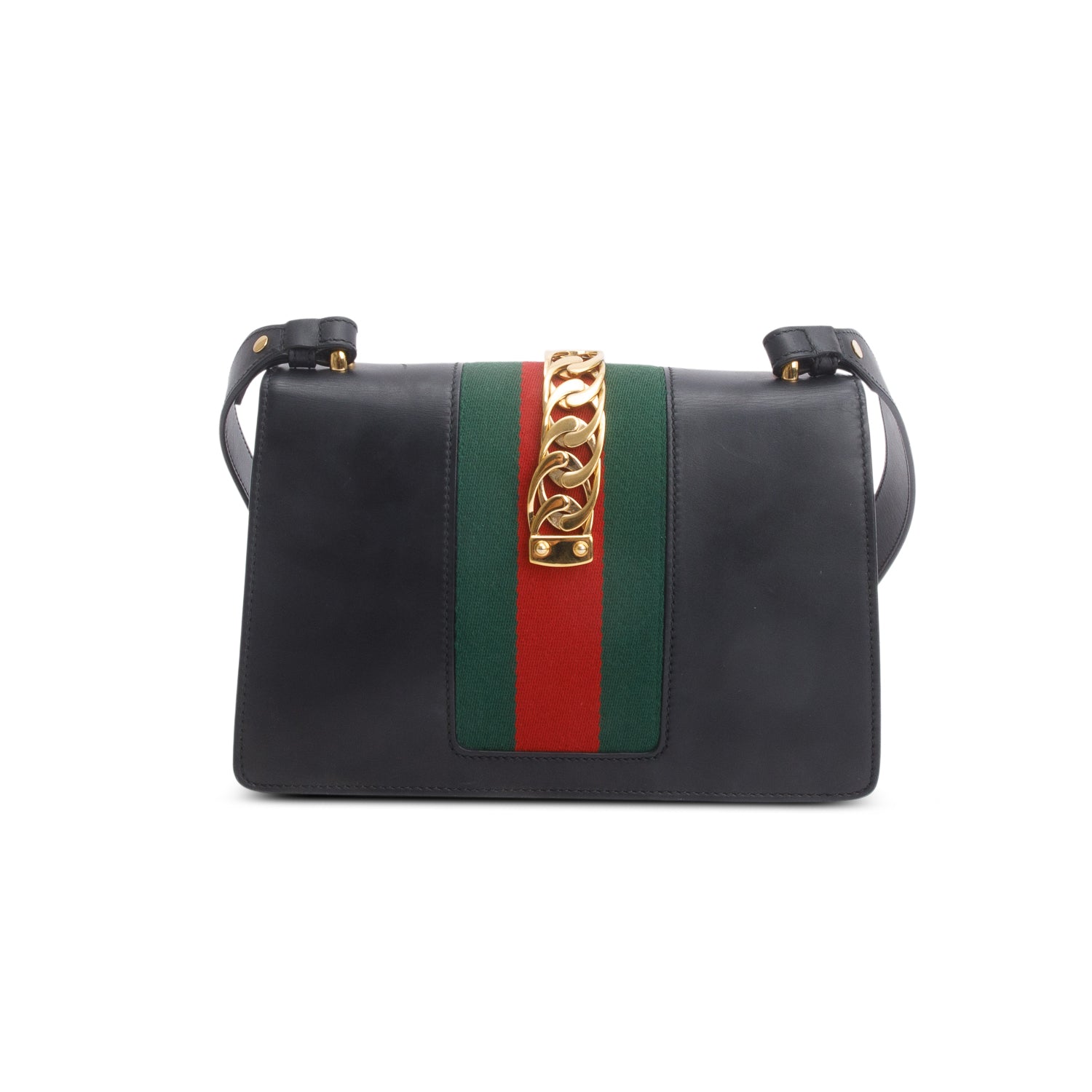 Gucci Black Calfskin Leather Web Small Sylvie Shoulder Bag