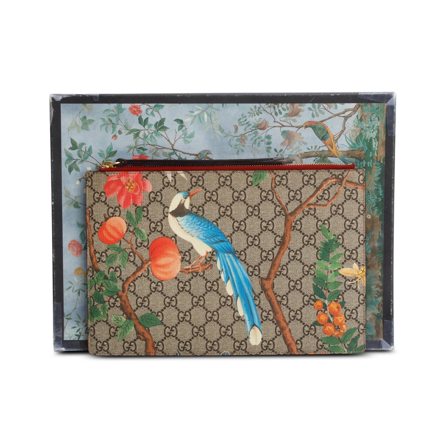 Gucci Red GG Supreme Monogram Tian Large Zip Pouch w/ Box