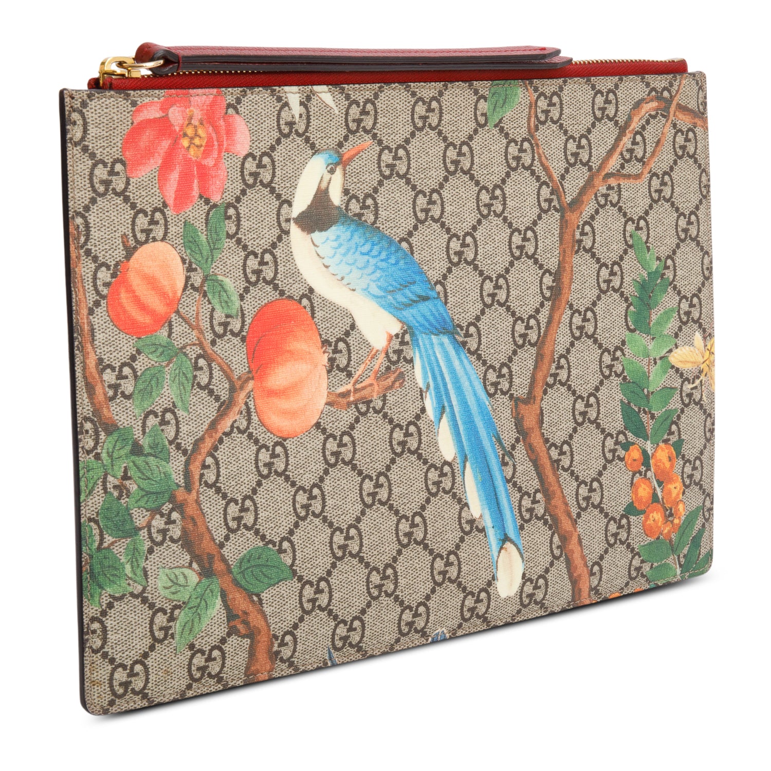 Gucci Red GG Supreme Monogram Tian Large Zip Pouch w/ Box