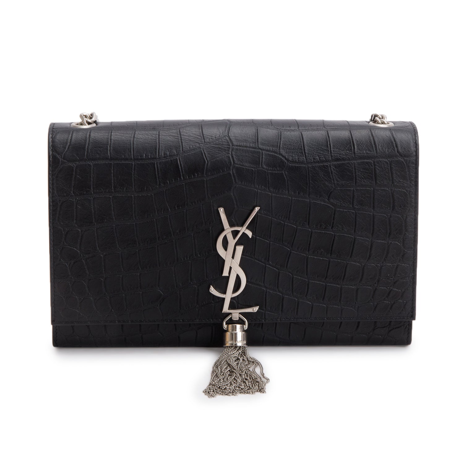Saint Laurent Black Crocodile-Embossed Leather Medium Classic Monogram Kate Tassel Chain Bag
