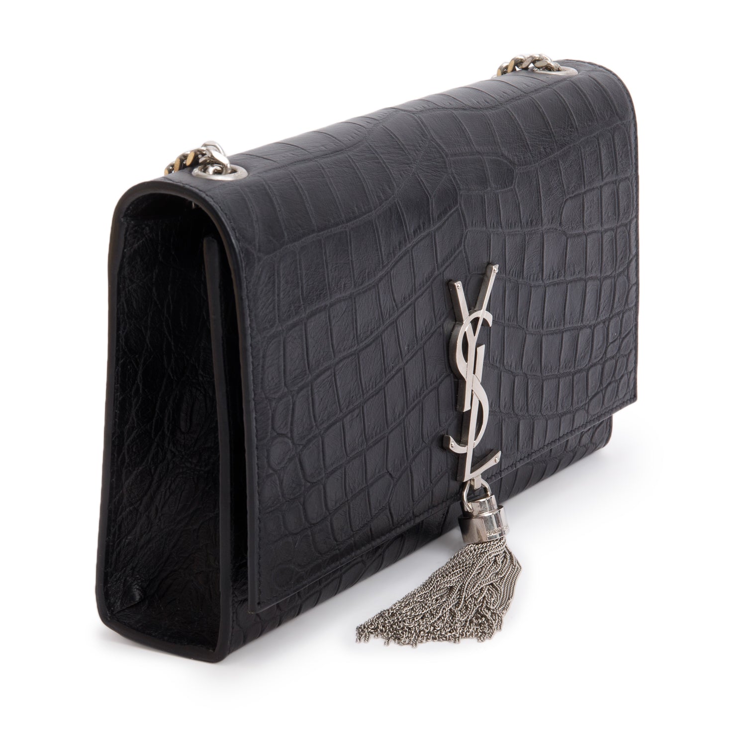 Saint Laurent Black Crocodile-Embossed Leather Medium Classic Monogram Kate Tassel Chain Bag