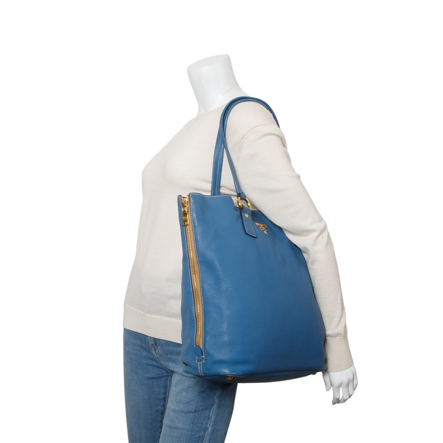 Prada Blue Vitello Daino Size Zip Tote w/ Authenticity Card