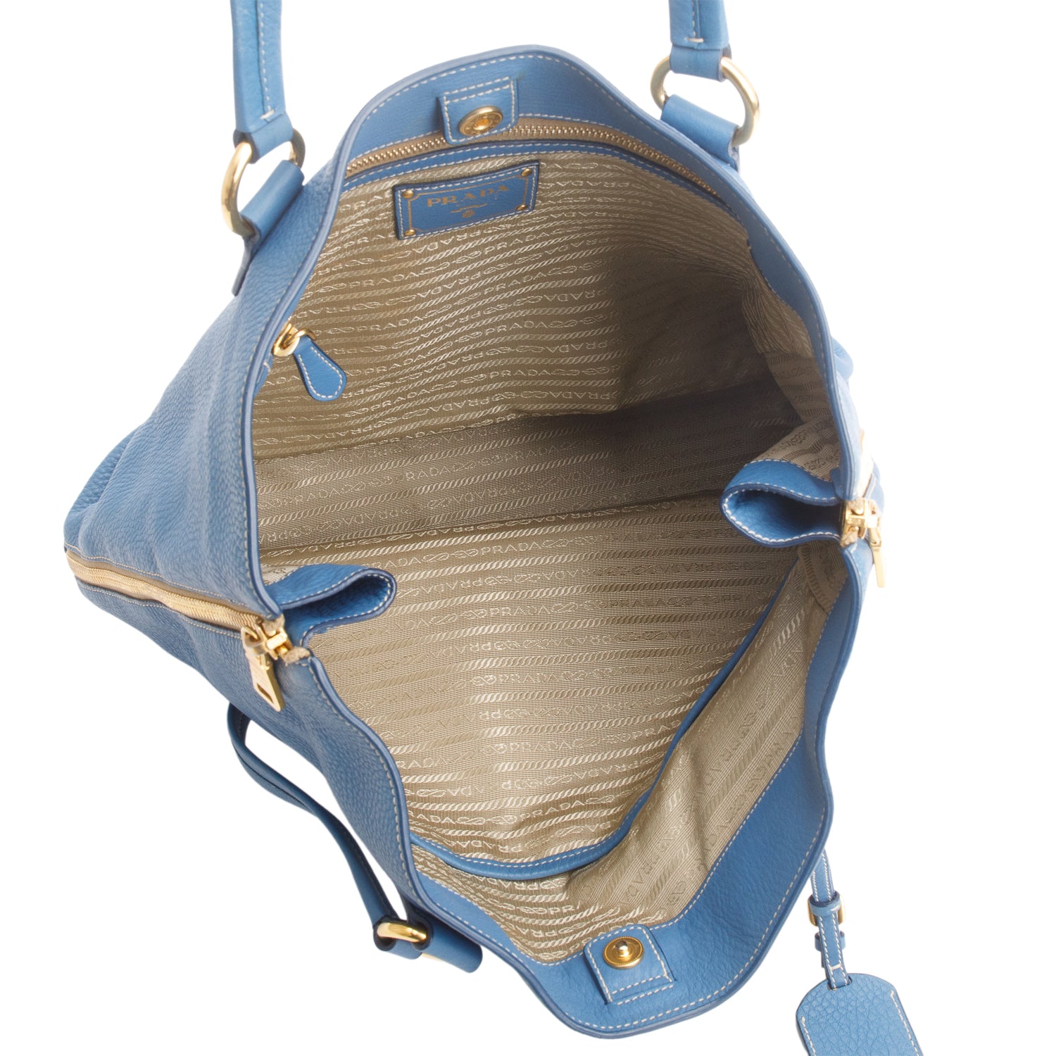 Prada Blue Vitello Daino Size Zip Tote w/ Authenticity Card