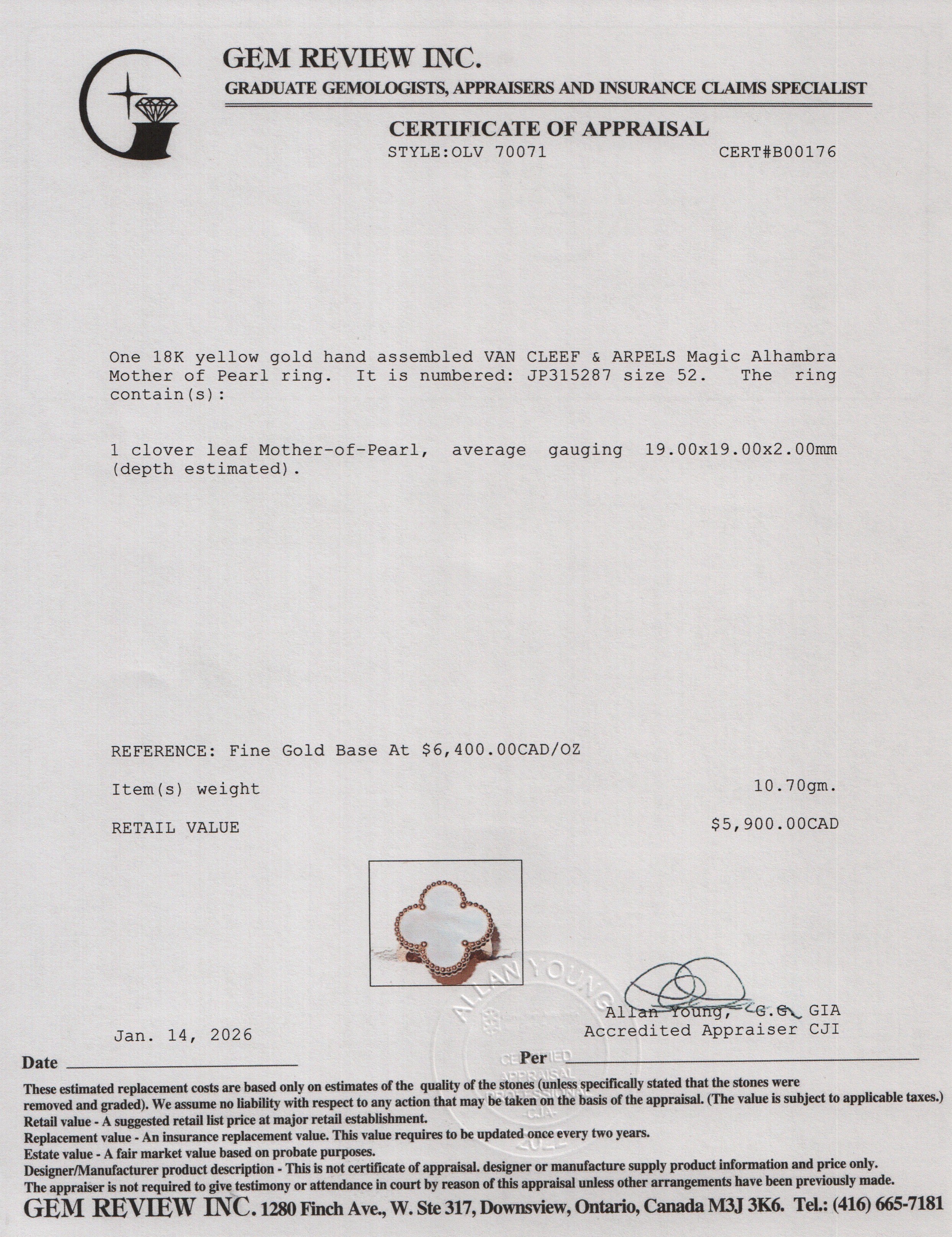 Van Cleef & Arpels 2025 18k Yellow Gold Magic Alhambra Mother of Pearl Ring, Size 52 6 w/ Box & Certificate