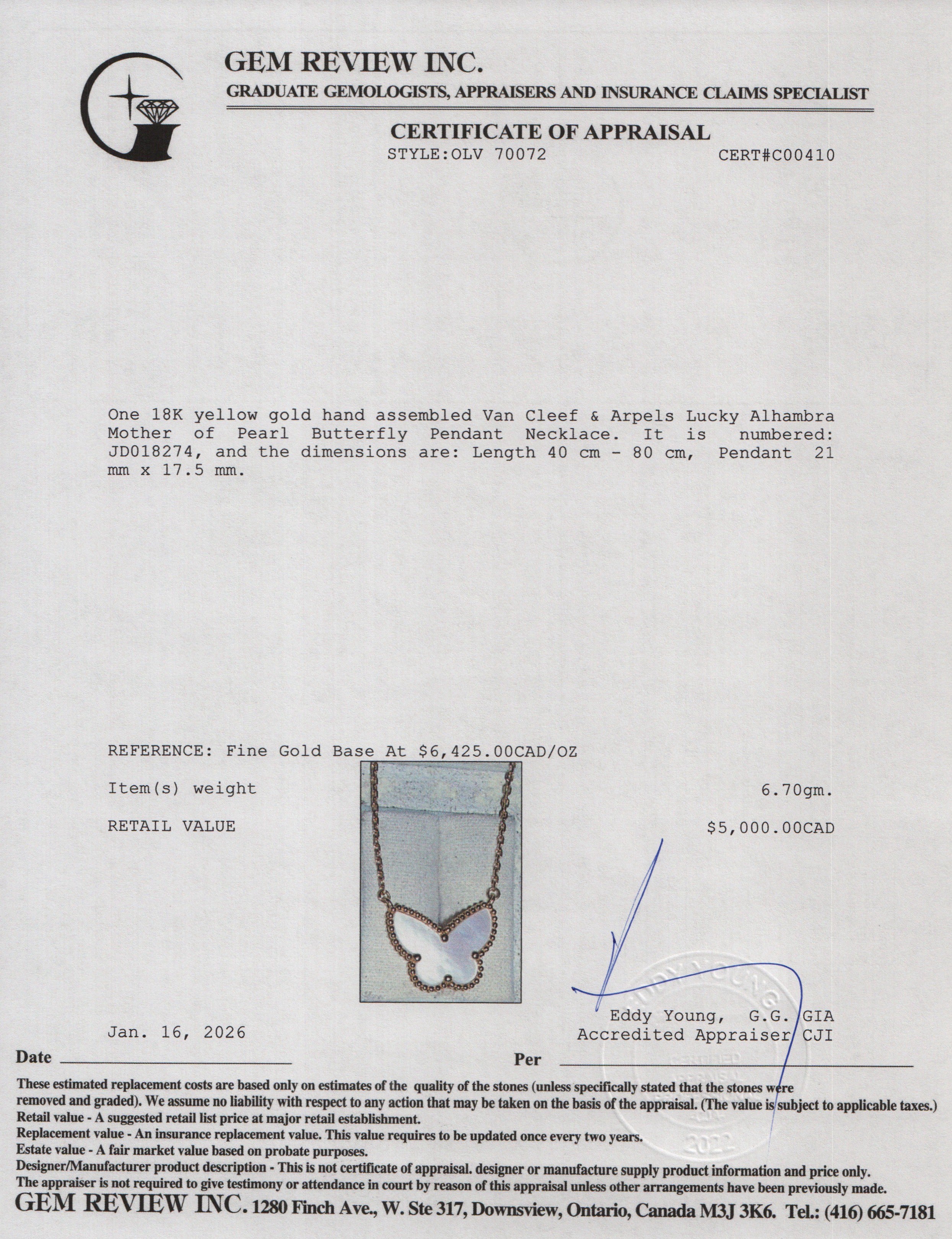 Van Cleef & Arpels 18k Yellow Gold Lucky Alhambra Mother of Pearl Butterfly Pendant Necklace