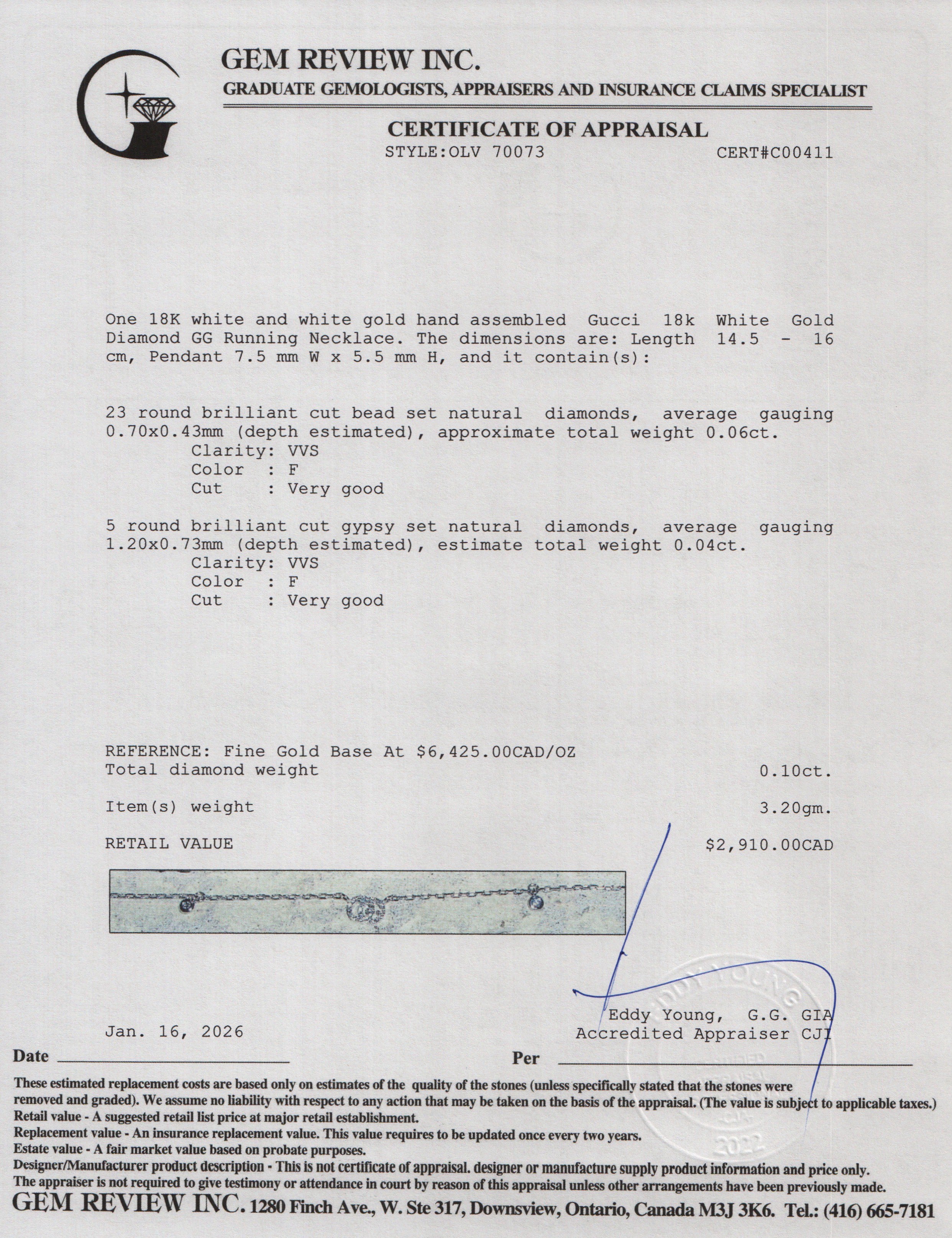 Gucci 18k White Gold Diamond GG Running Necklace w/ Box