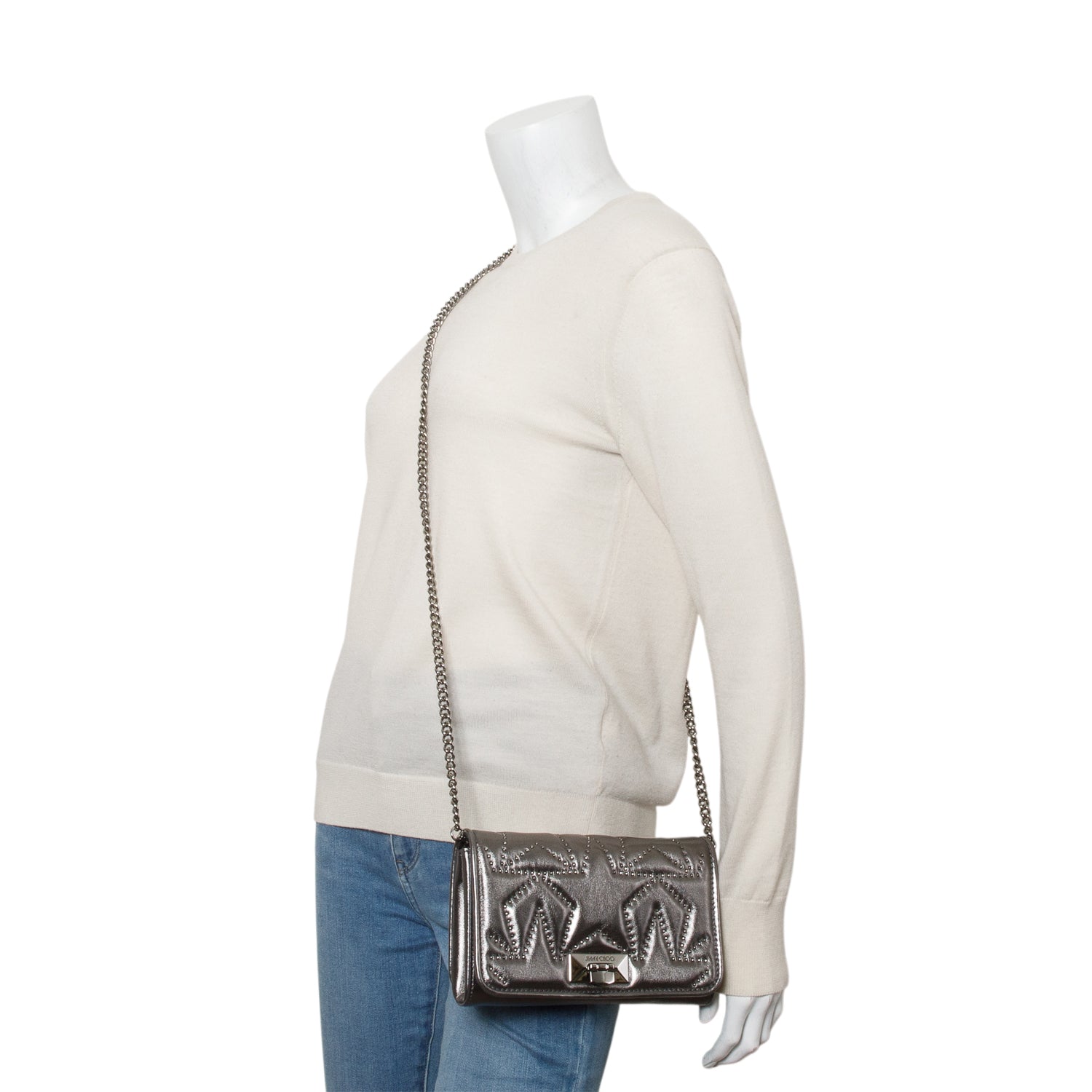 Jimmy Choo Silver Nappa Star Quilted Studded Helia Crossbody Bag