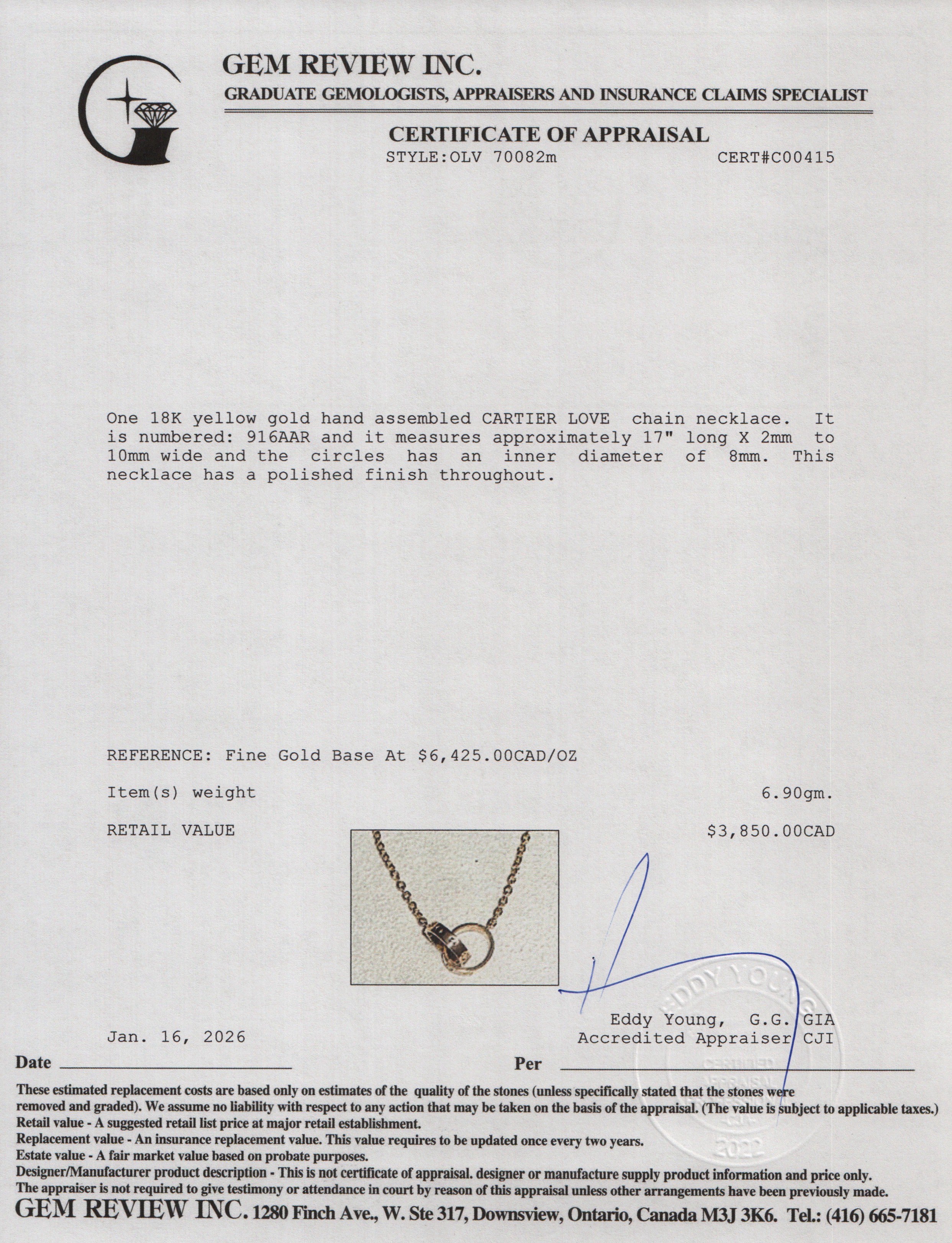 Cartier 2024 18k Yellow Gold Love Necklace w/ Box & Certificate