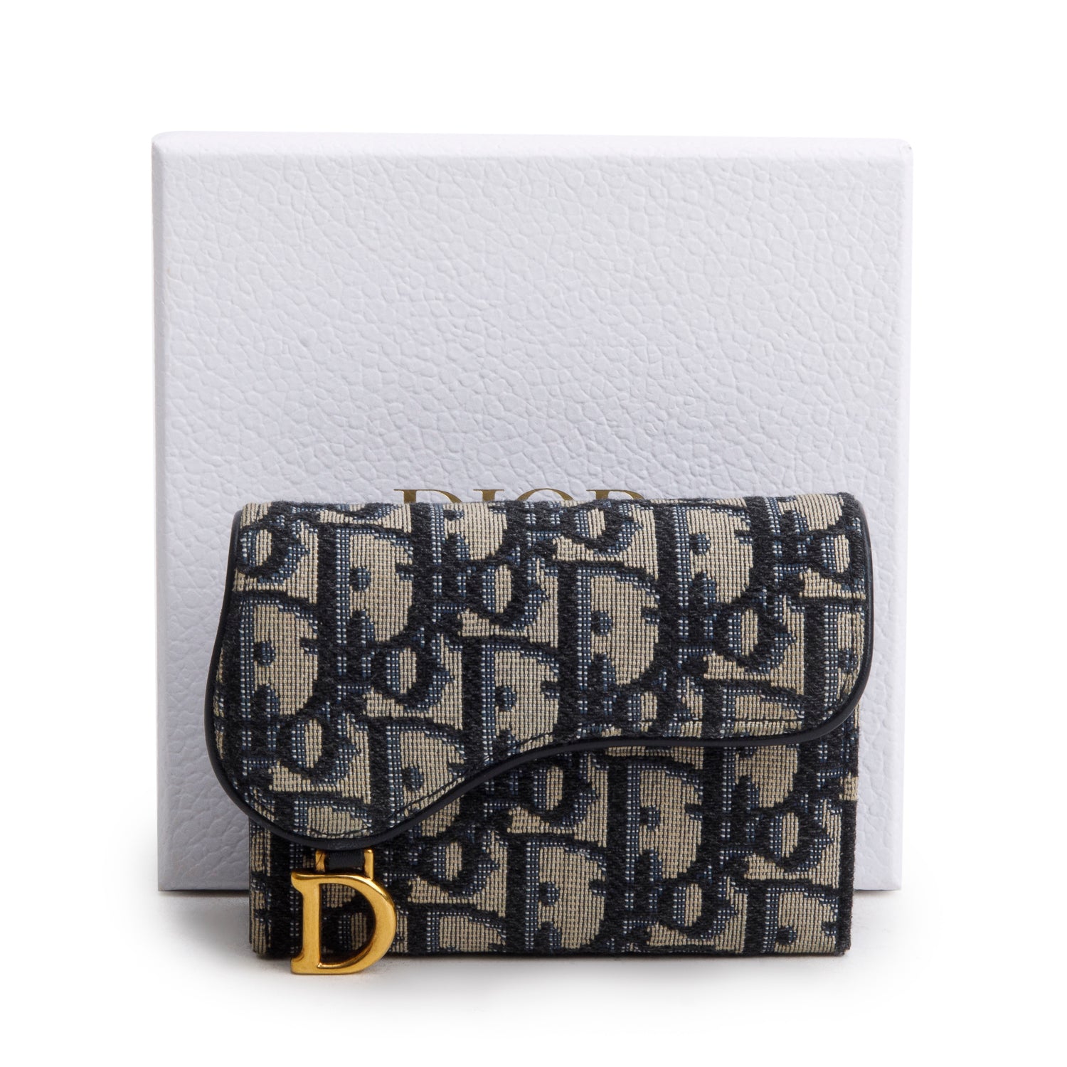 Christian Dior Navy Oblique Jaquard Saddle Lotus Wallet w/ Box