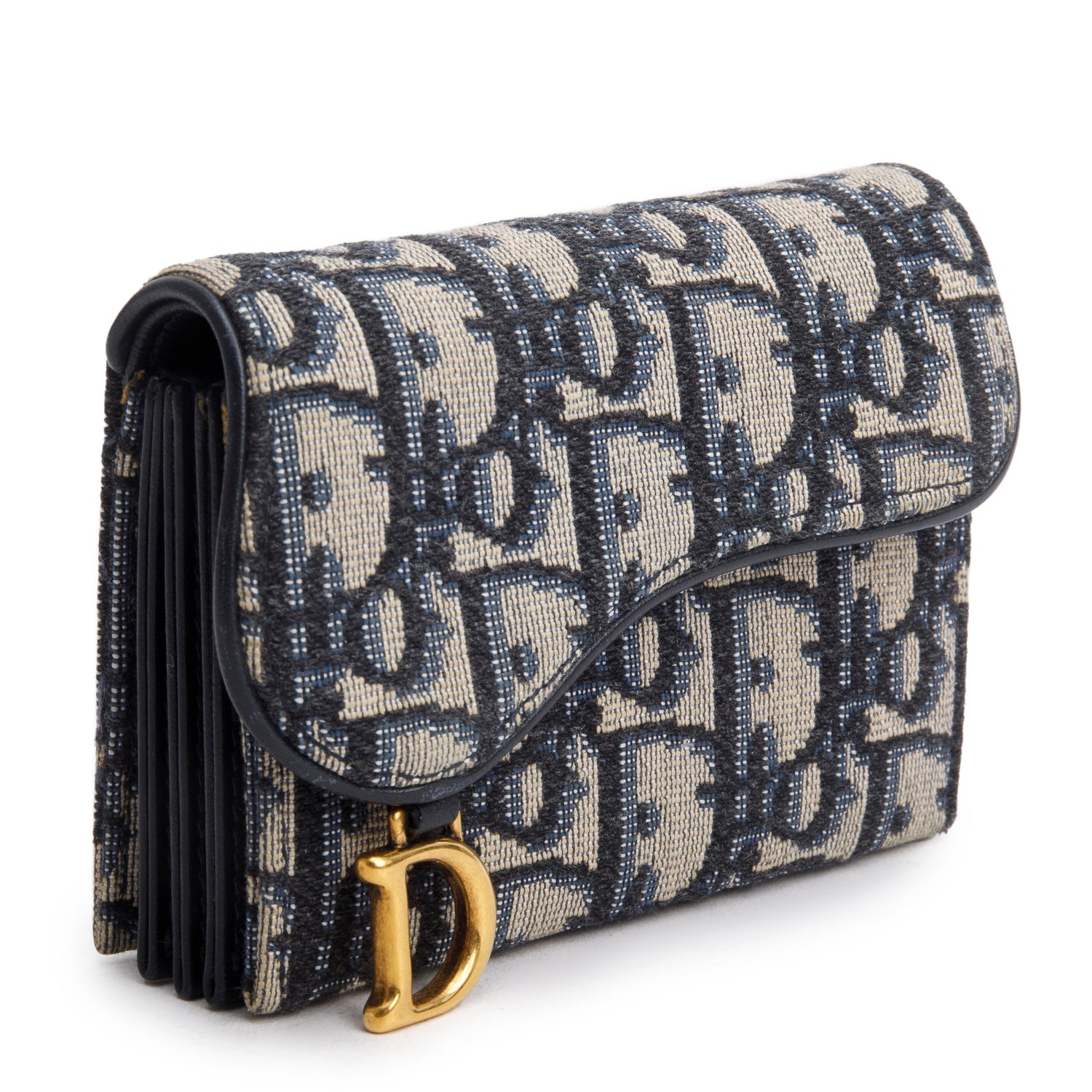 Christian Dior Navy Oblique Jaquard Saddle Lotus Wallet w/ Box