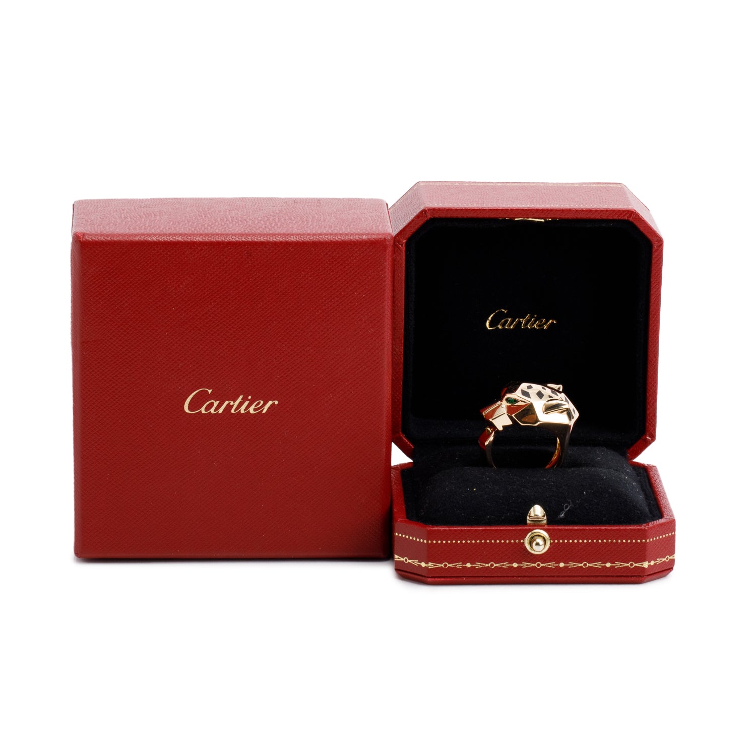 Cartier 18k Yellow Gold Black Lacquer Onyx & Tsavorite Panthere de Cartier Ring, Size 58 8.25 w/ Box