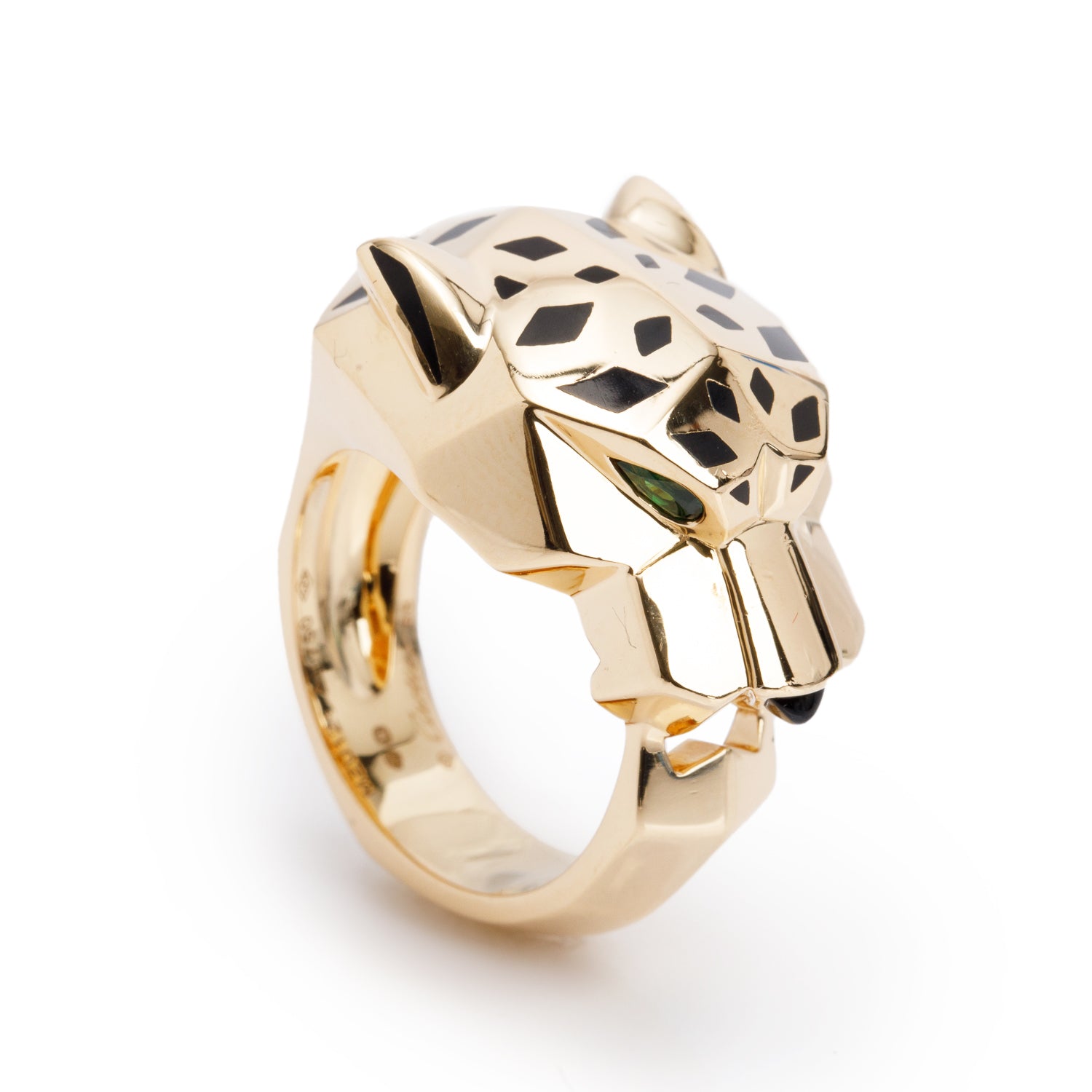 Cartier 18k Yellow Gold Black Lacquer Onyx & Tsavorite Panthere de Cartier Ring, Size 58 8.25 w/ Box