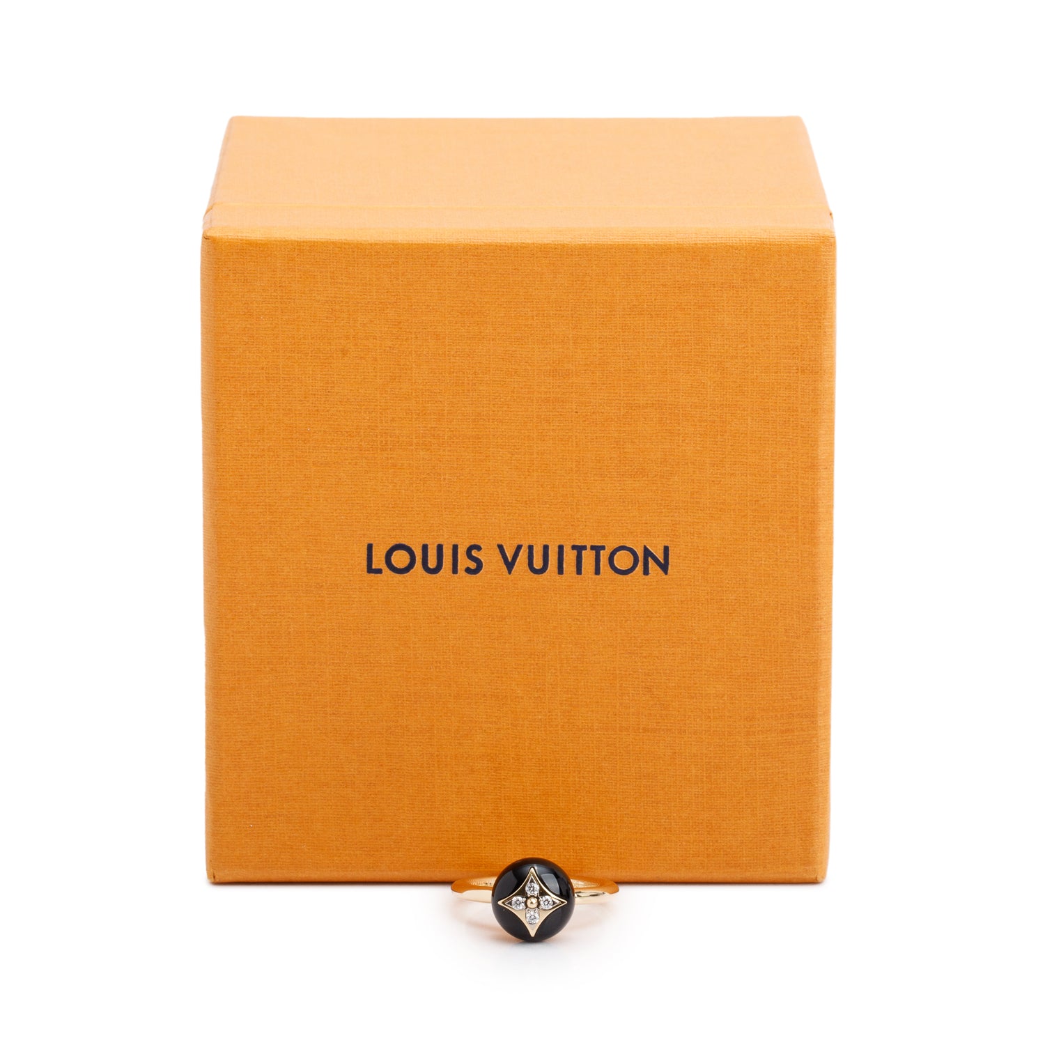 Louis Vuitton 18k Yellow Gold Diamond & Onyx B Blossom Ring, Size 56 7.75 w/ Box