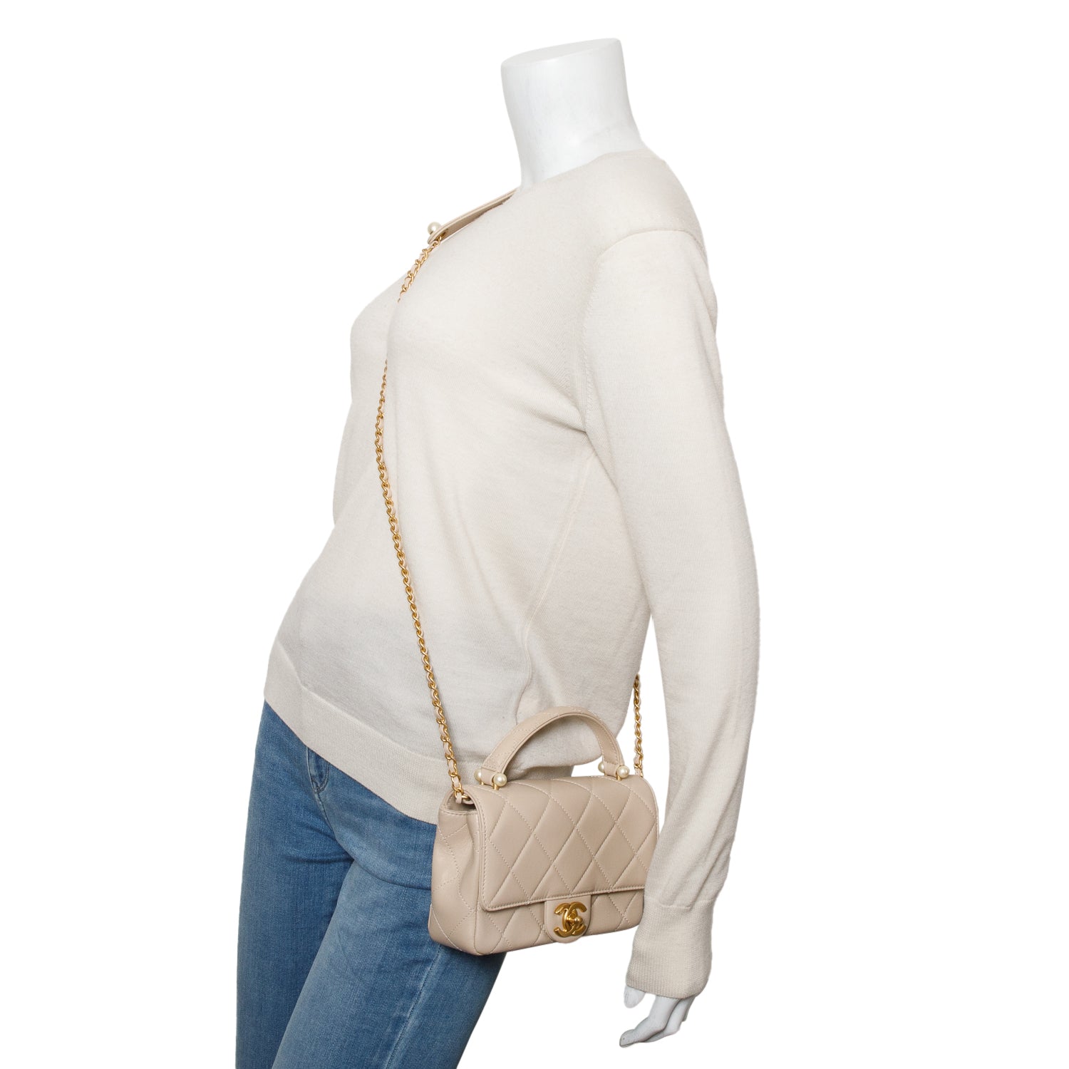 Chanel 2025 Beige Quilted Lambskin Top Handle Flap Pearl Purse w/ Chain