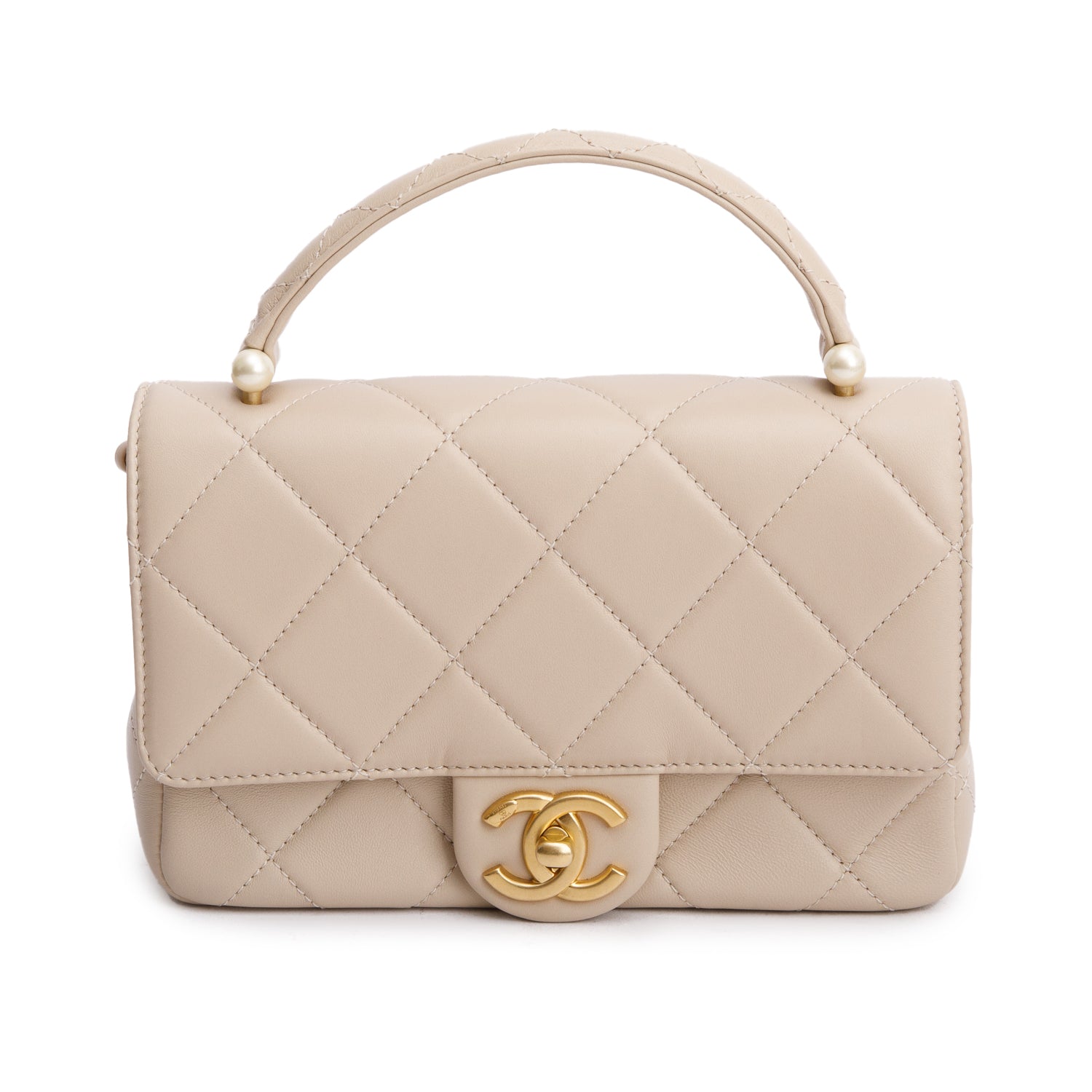 Chanel 2025 Beige Quilted Lambskin Top Handle Flap Pearl Purse w/ Chain