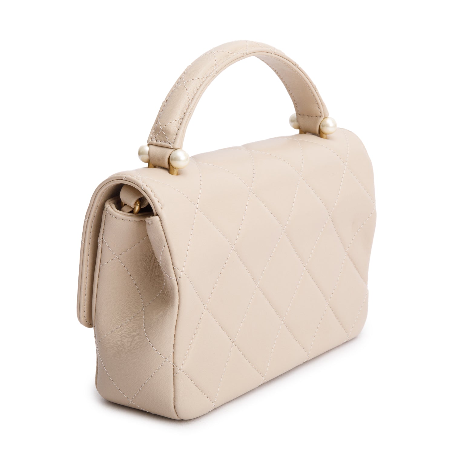 Chanel 2025 Beige Quilted Lambskin Top Handle Flap Pearl Purse w/ Chain