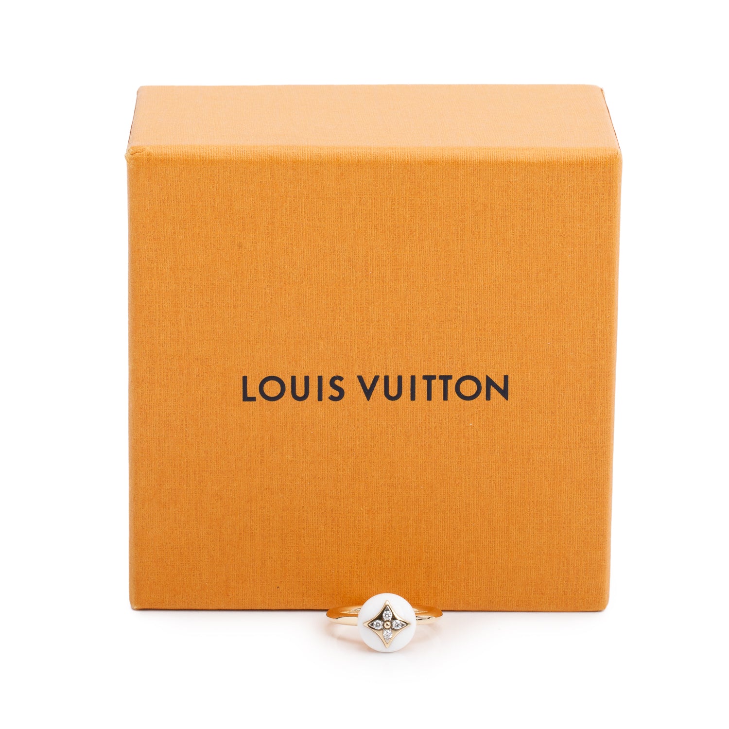 Louis Vuitton 18k Yellow Gold Diamond & Agate B Blossom Ring, Size 55 7.25 w/ Box