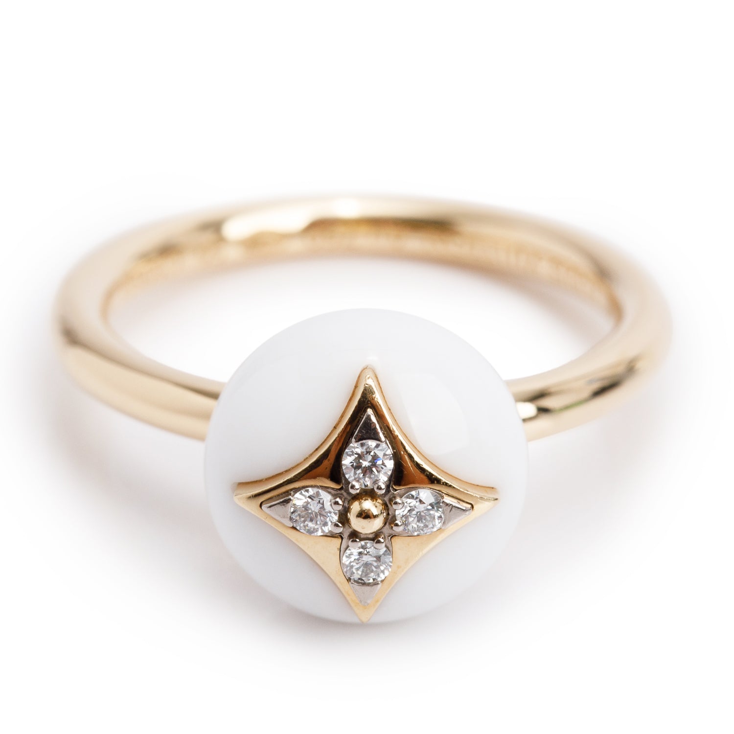 Louis Vuitton 18k Yellow Gold Diamond & Agate B Blossom Ring, Size 55 7.25 w/ Box