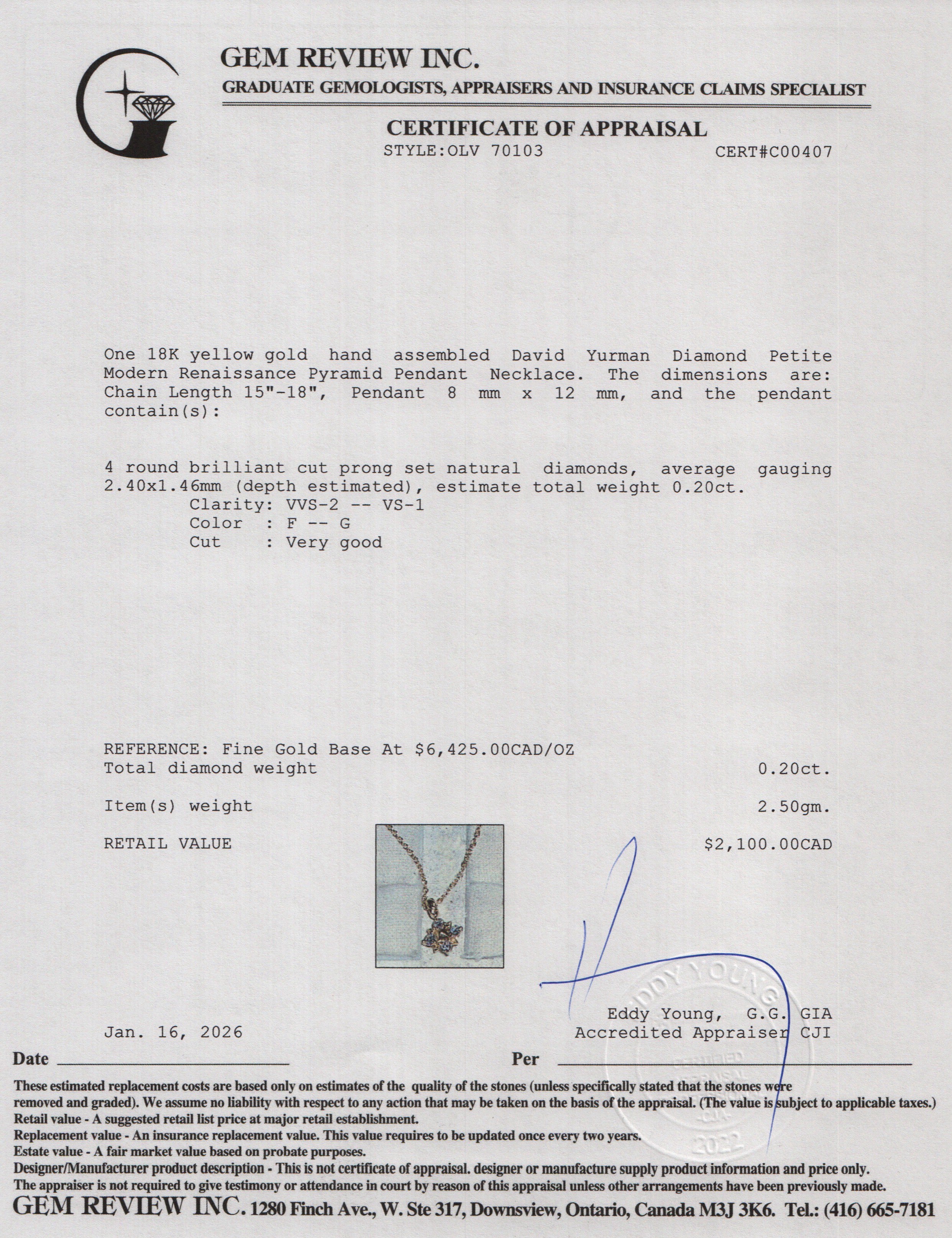 David Yurman 18k Yellow Gold Diamond Petite Modern Renaissance Pyramid Pendant Necklace w/ Box