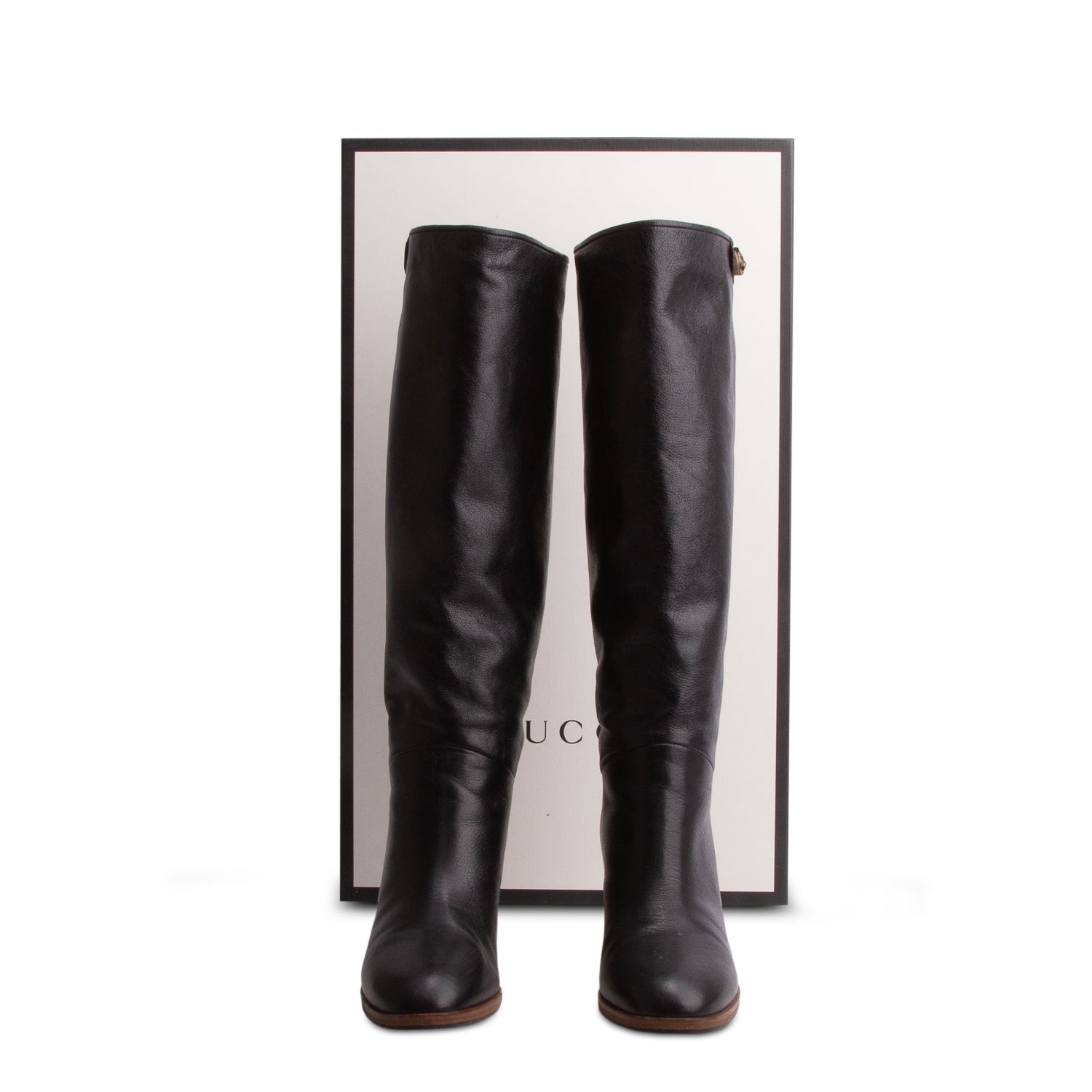 Gucci Black Shiny Calfskin Leather GG Marmont Knee High Boots, Size 39 w/ Box