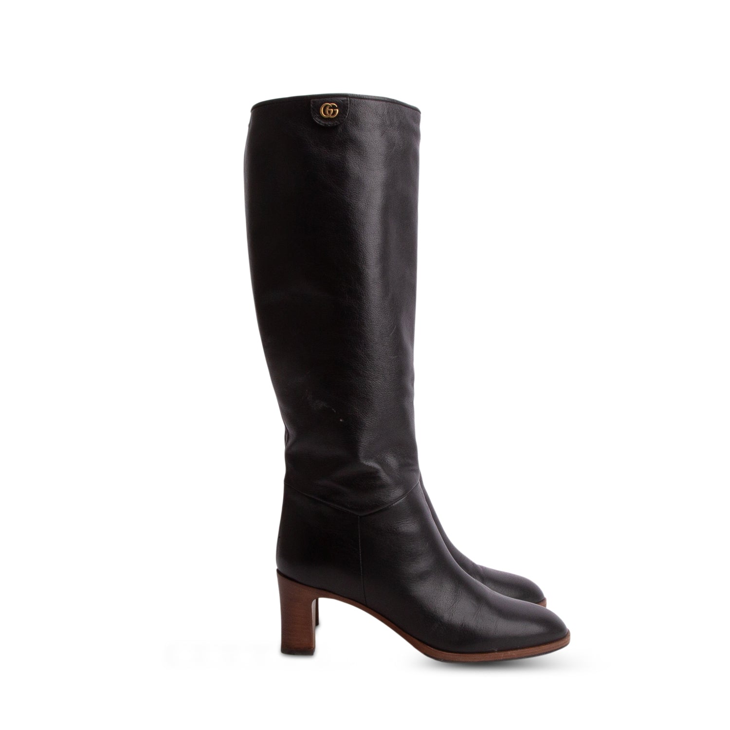 Gucci Black Shiny Calfskin Leather GG Marmont Knee High Boots, Size 39 w/ Box