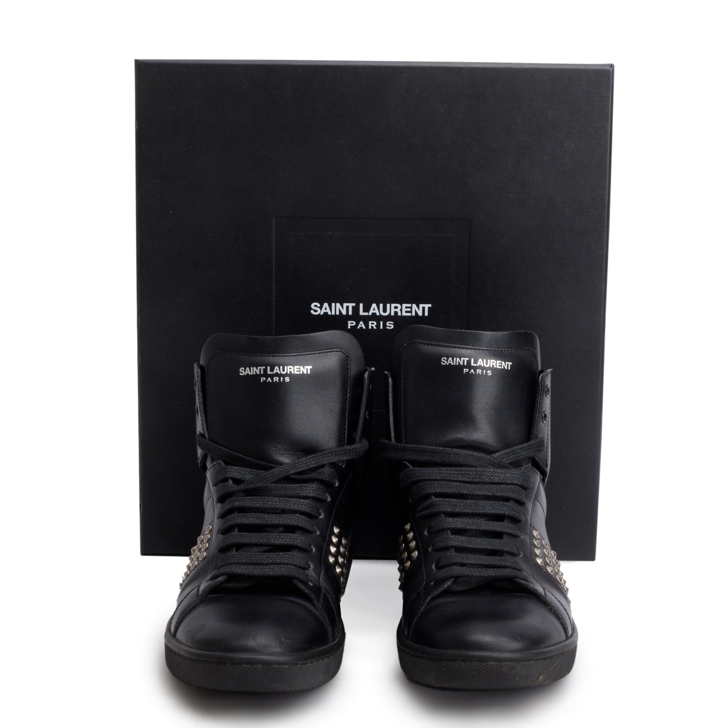 Saint Laurent Black Leather Studded High Top Sneakers, Size 37 w/ Box