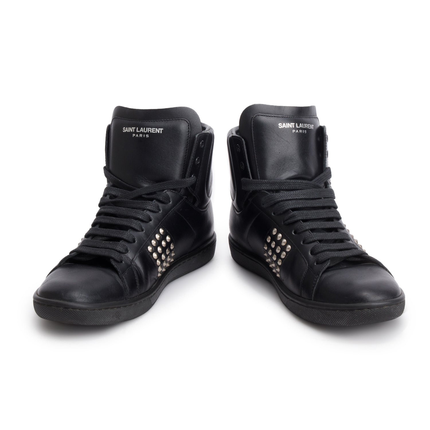 Saint Laurent Black Leather Studded High Top Sneakers, Size 37 w/ Box