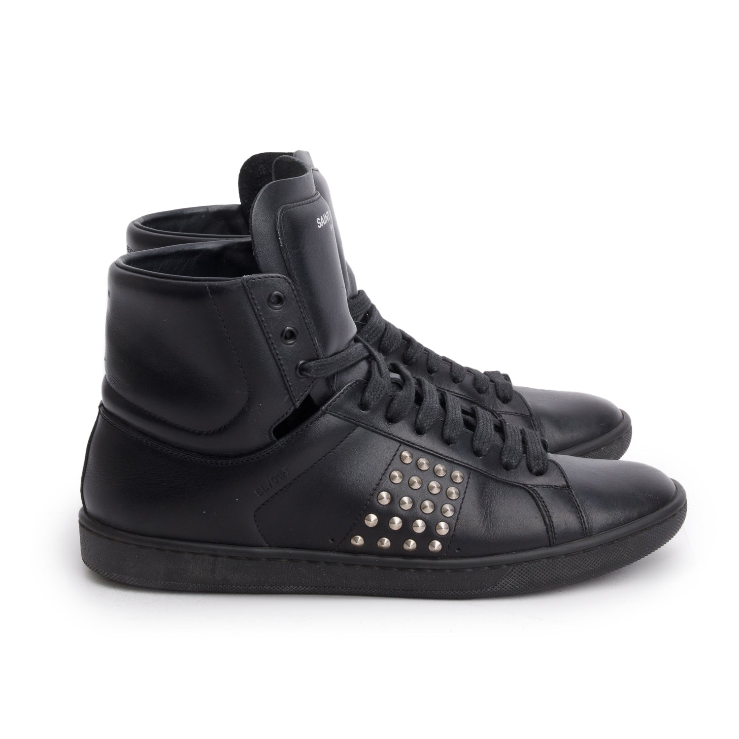 Saint Laurent Black Leather Studded High Top Sneakers, Size 37 w/ Box